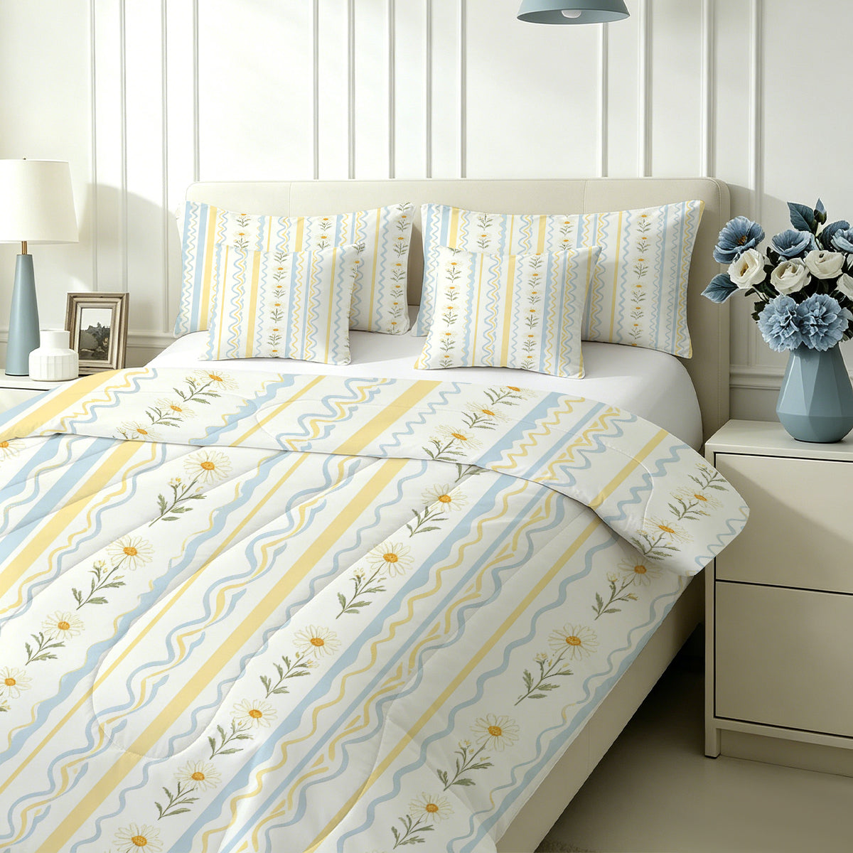 Liveonus 7pc Pastel Daisy Wavy Stripe Complete Bed In A Bag Comforter Set