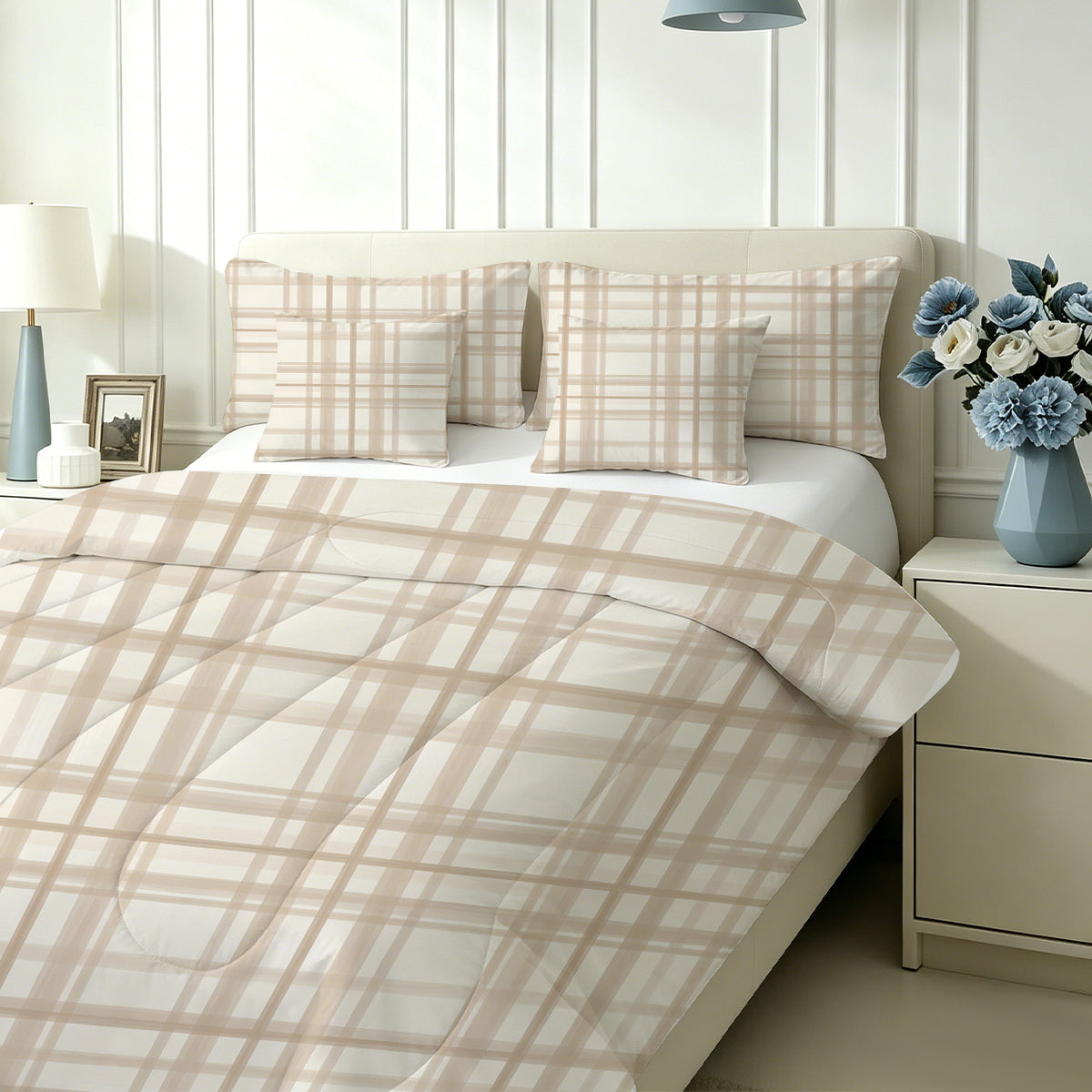 Liveonus 7pc Beige Neutral Plaid Comforter Set All Season Bedding