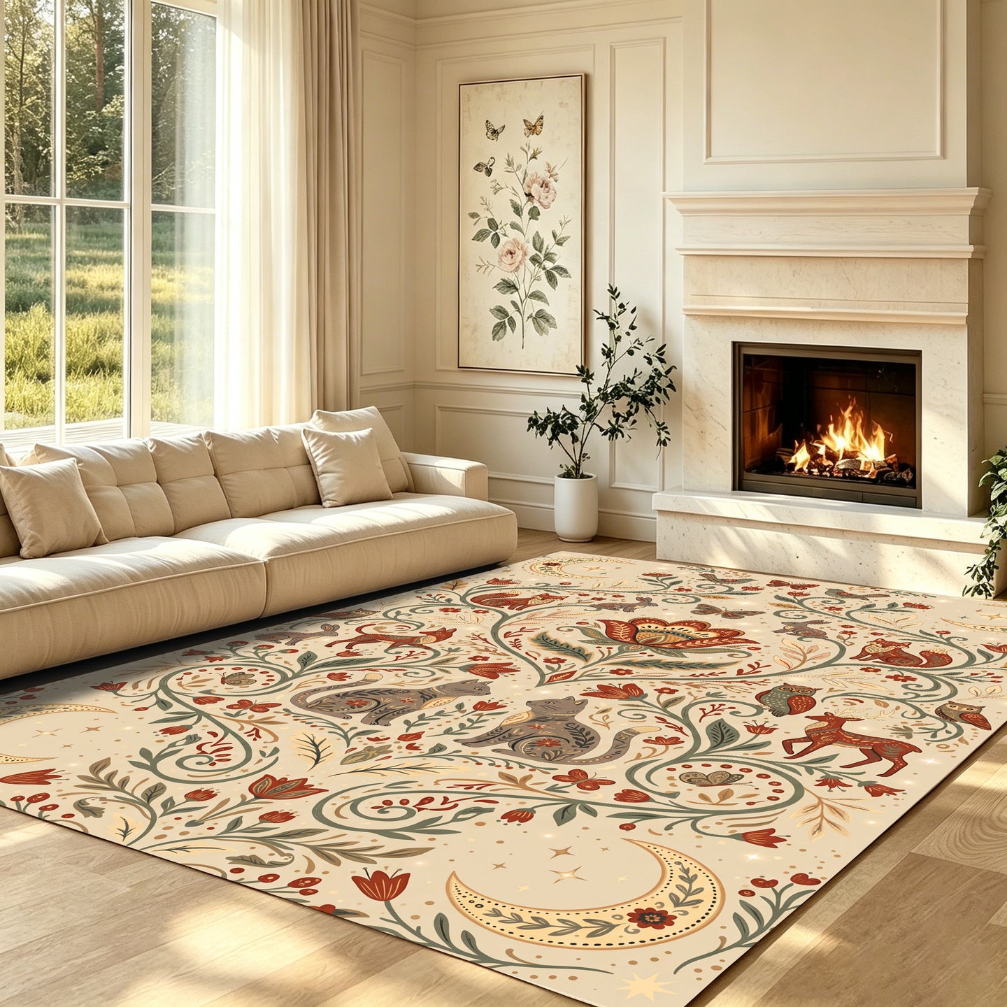 Liveonus Folk Art Forest Animal Moon Floral Washable Area Rug