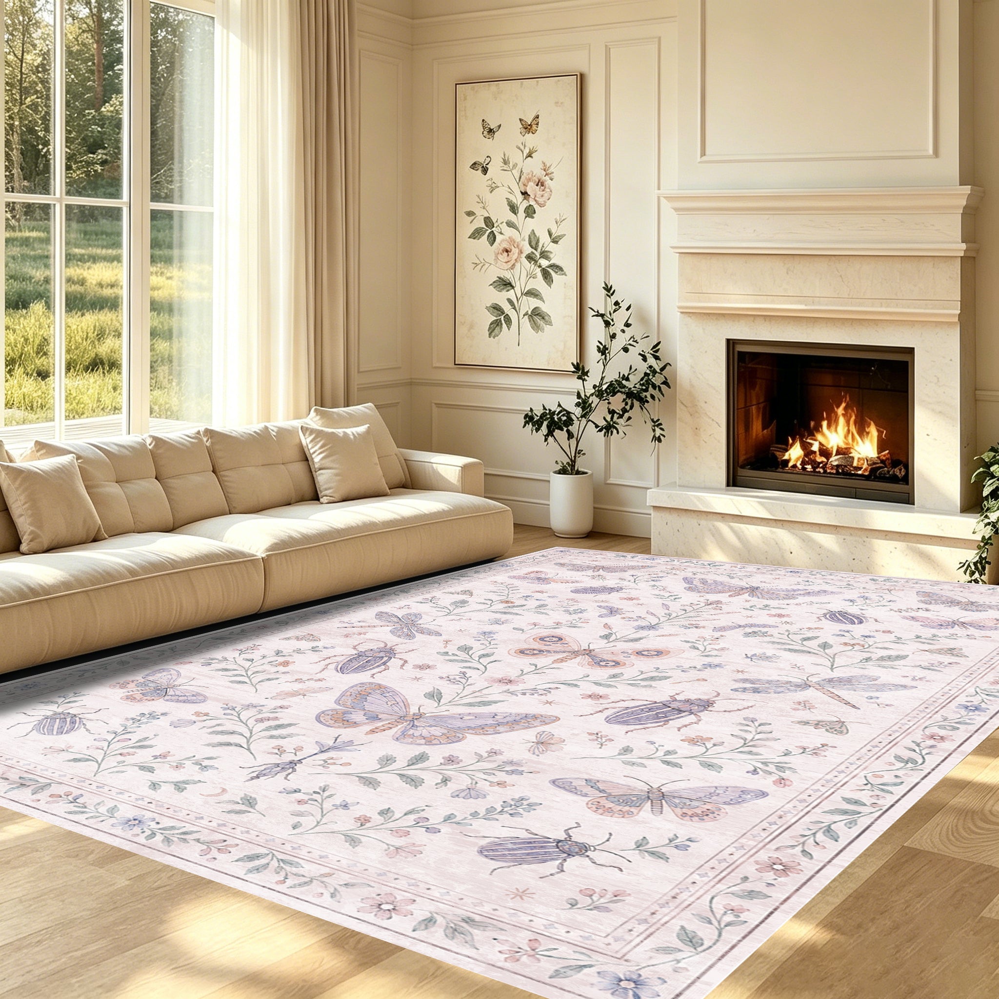 Liveonus Vintage Butterfly Insect Botanical Washable Area Rug
