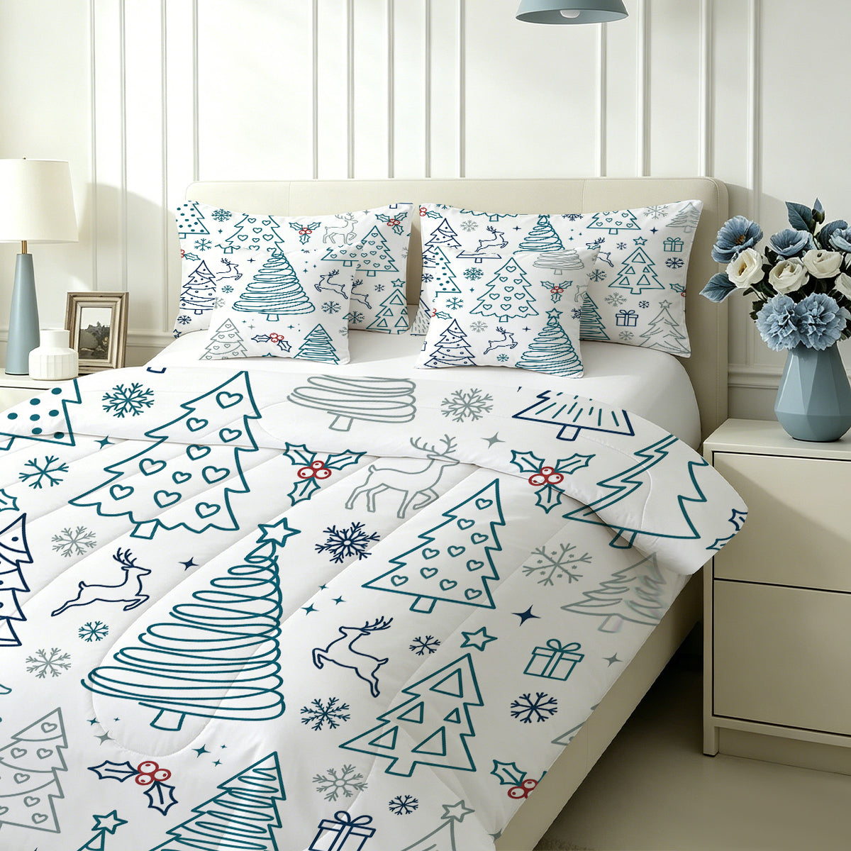 Liveonus 7pc Minimalist Line Art Christmas Tree Complete Bed In A Bag Comforter Set