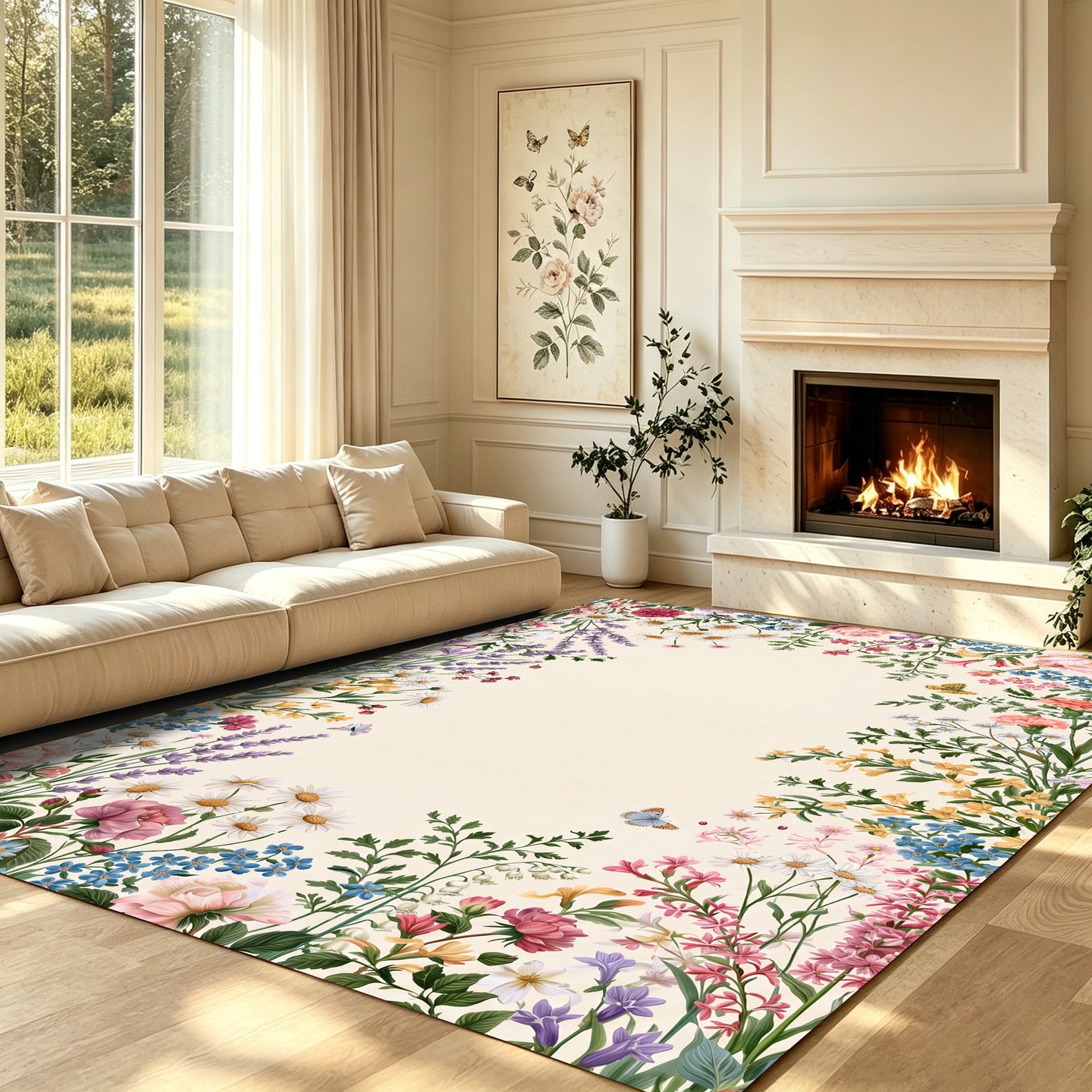 Liveonus Vintage Wildflower Floral Border Non‑Slip Area Rug