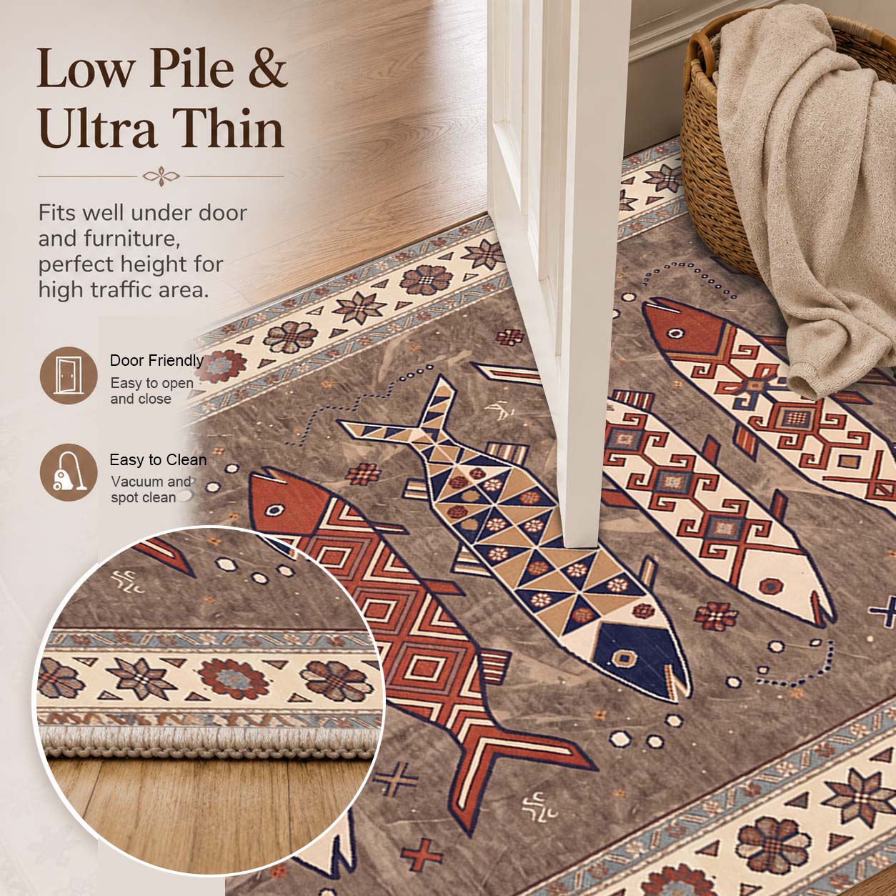 Vintage Boho Fish Non Slip Washable Area Rug
