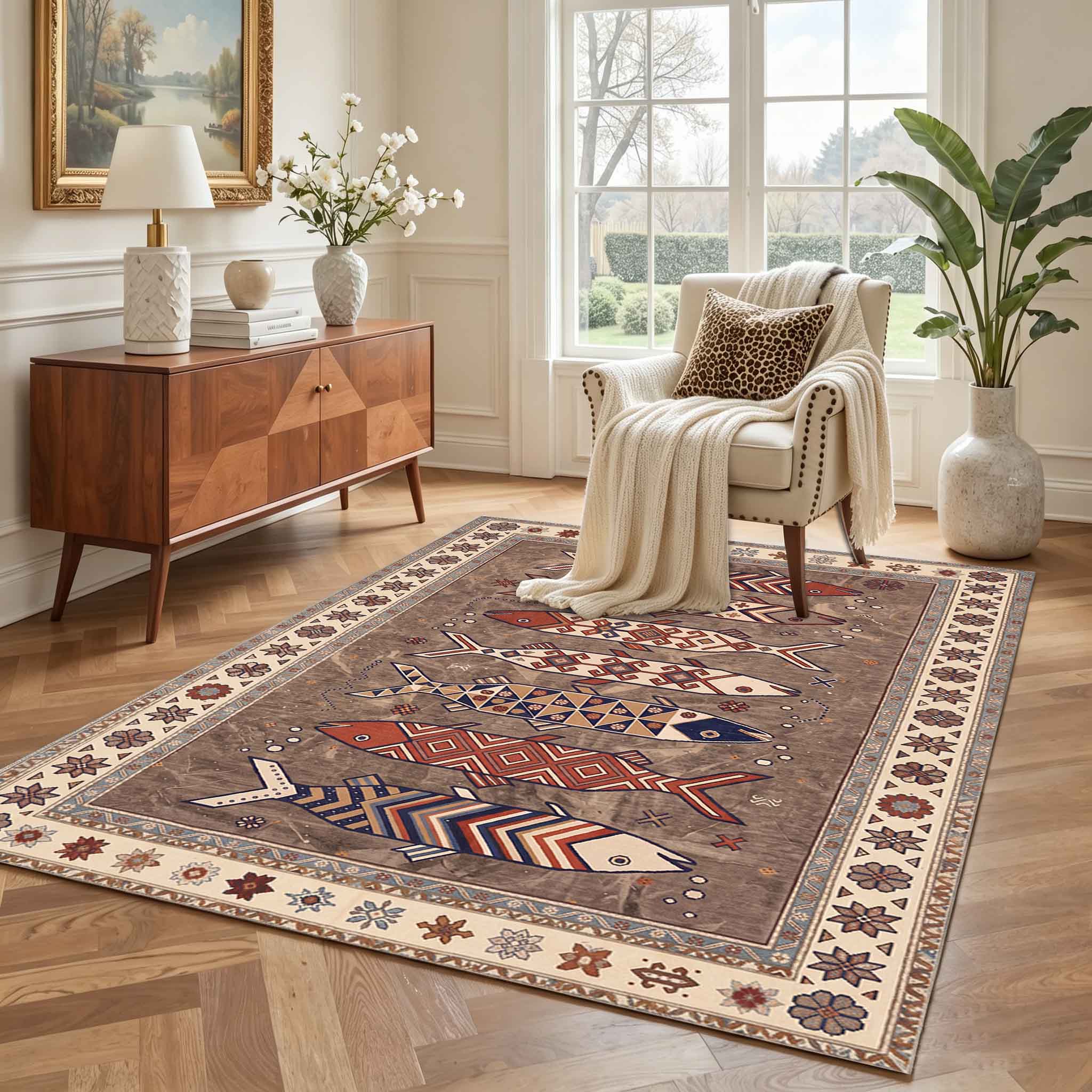Vintage Boho Fish Non Slip Washable Area Rug
