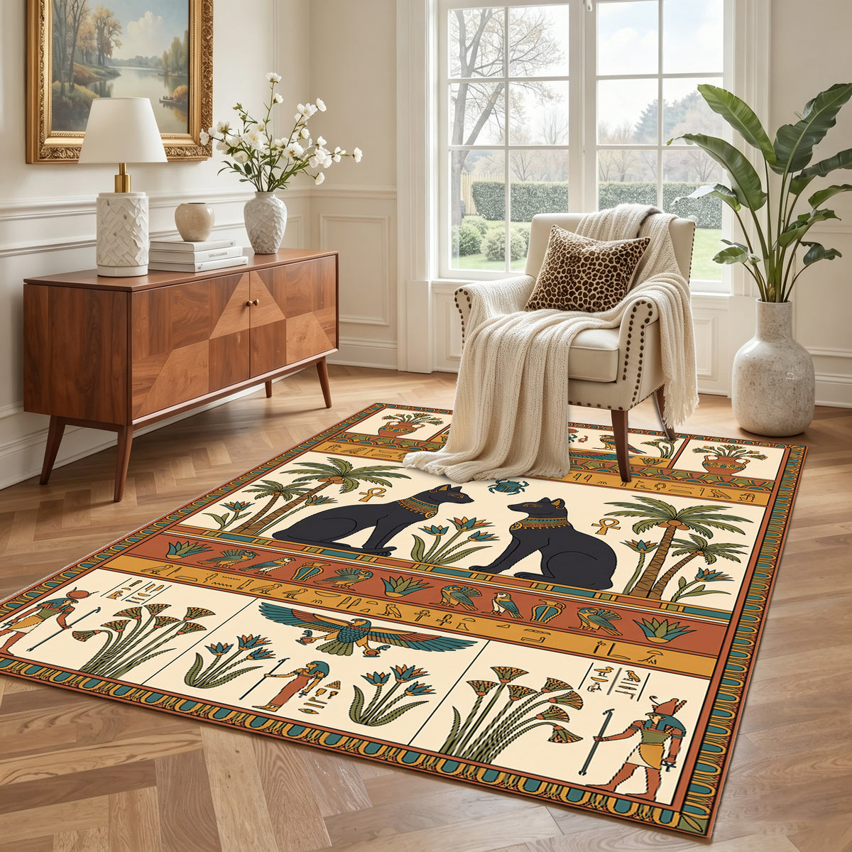 Vintage Ancient Egyptian Mythology Non-Slip Area Rug – Cream base with orange, green, black motifs