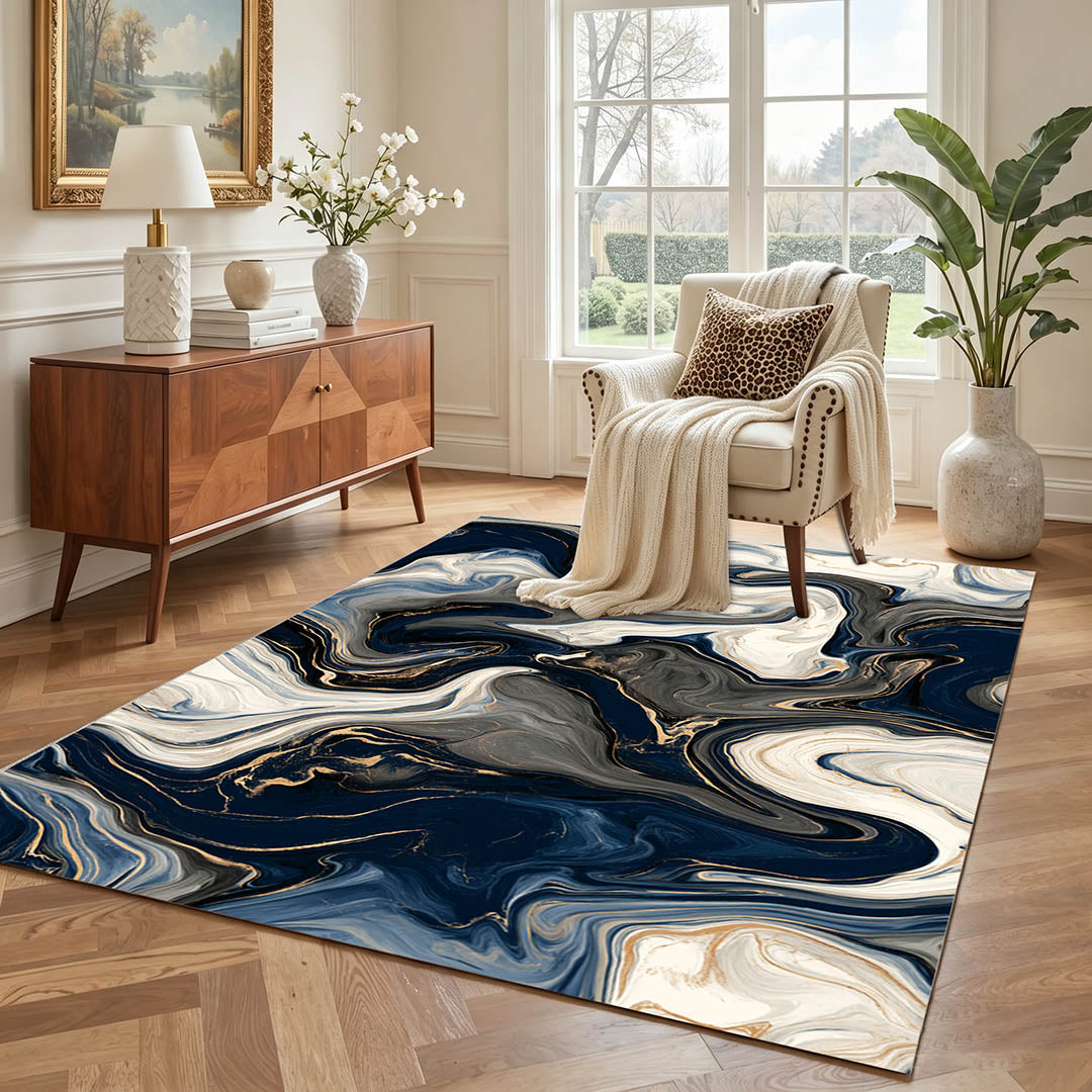 Marble Swirl Fluid Abstract Gold Vein Non‑Slip Area Rug