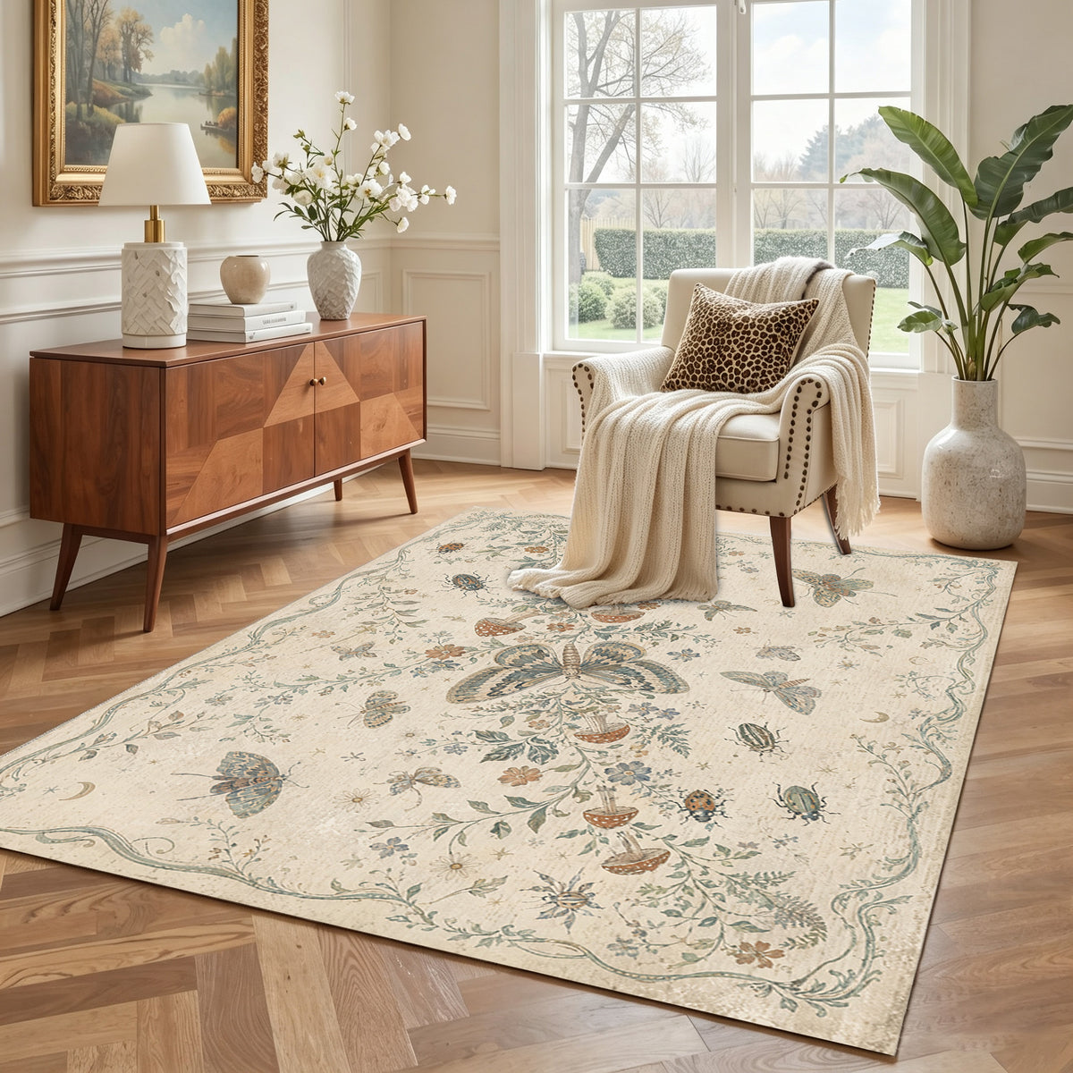 Vintage Floral & Butterfly Botanical Non Slip Washable Area Rug