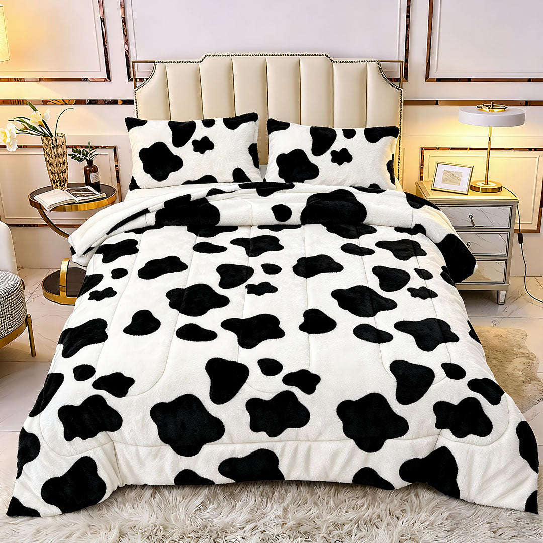 3 Pieces Soft Cow Print Plush Comforter Set for Fall & Winter