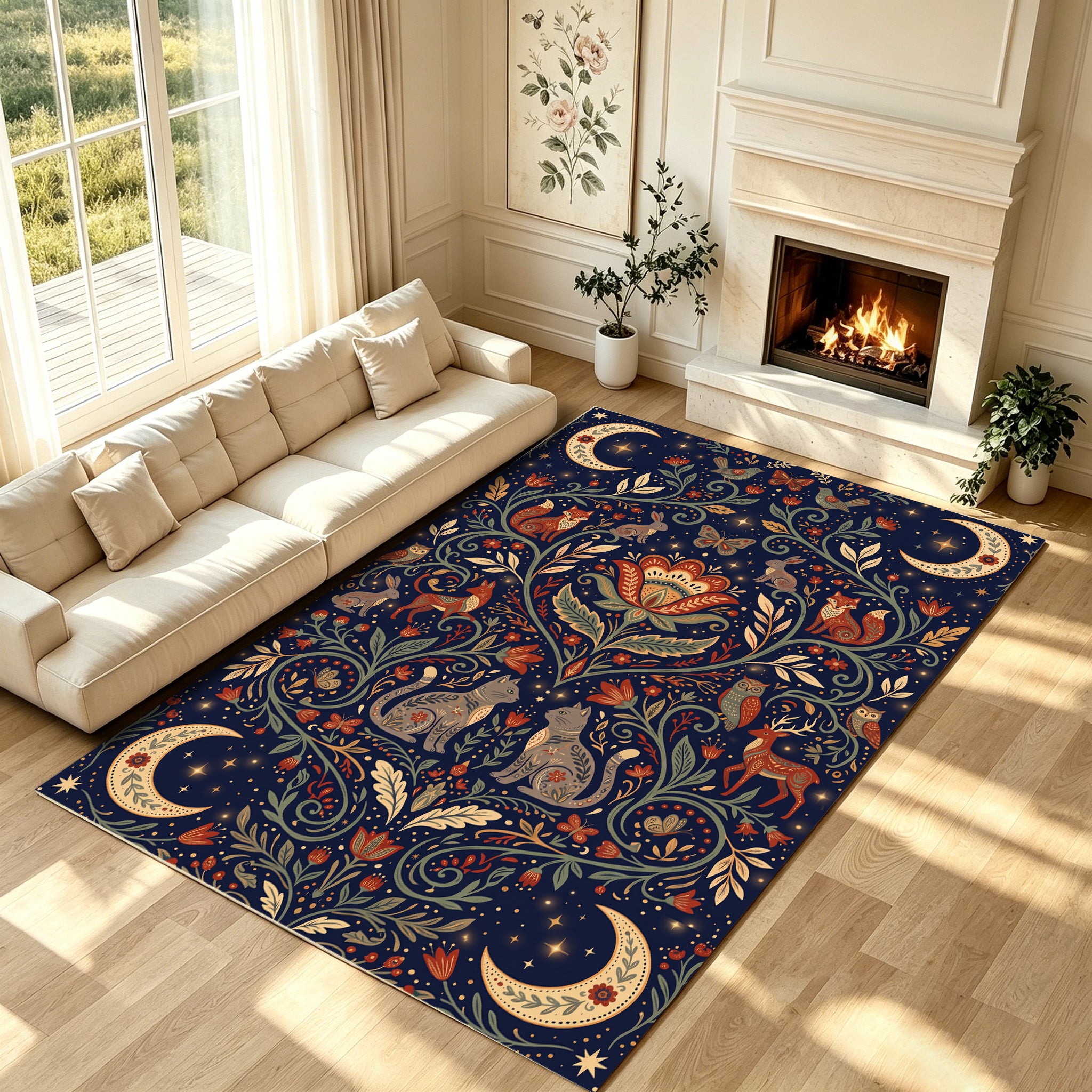 Liveonus Folk Art Forest Animal Moon Floral Washable Area Rug
