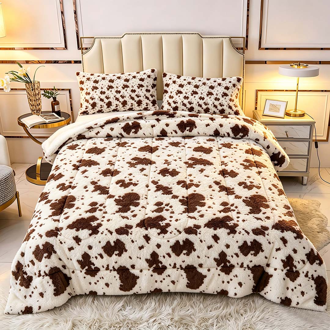 3 Piece Soft Cow Print Plush Comforter Set for Fall & Winter