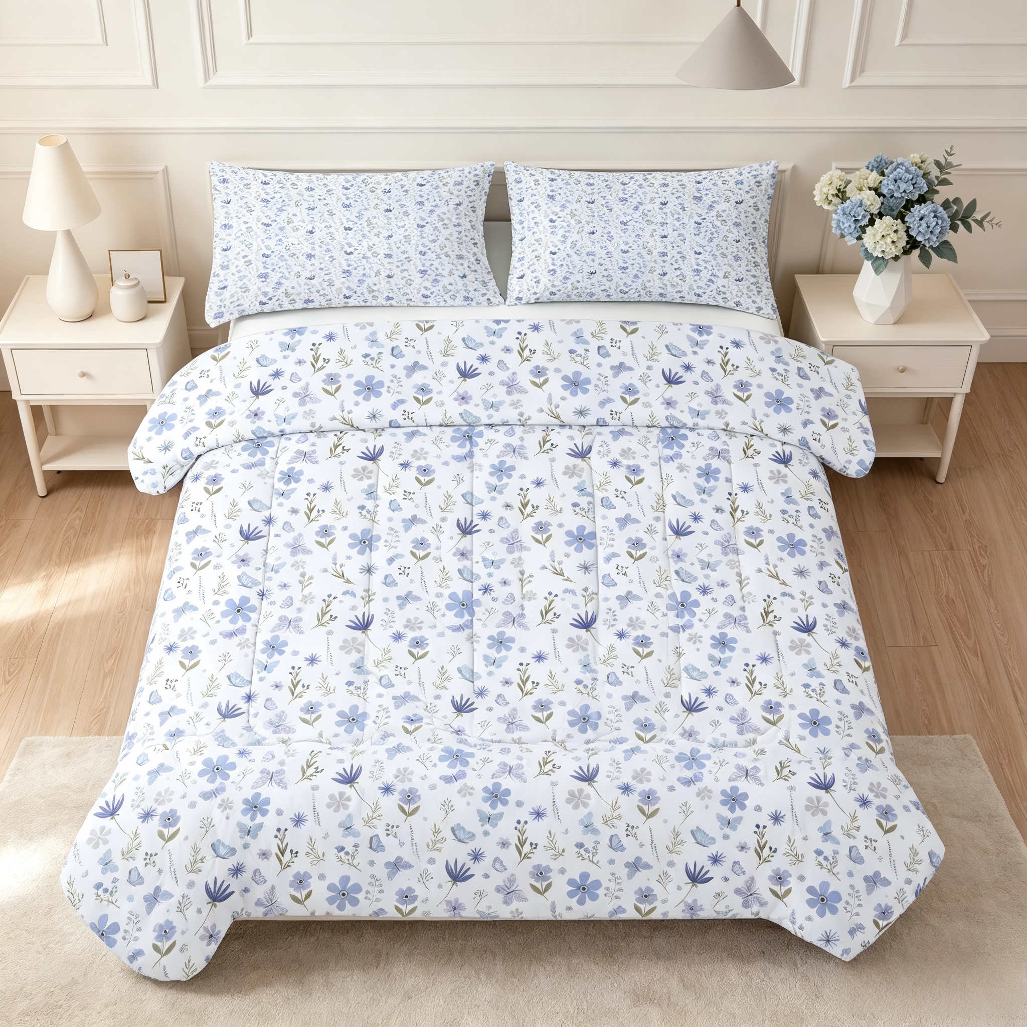 Liveonus Soft Lightweight Blue Butterfly Floral Comforter 3Pcs Bedding Set