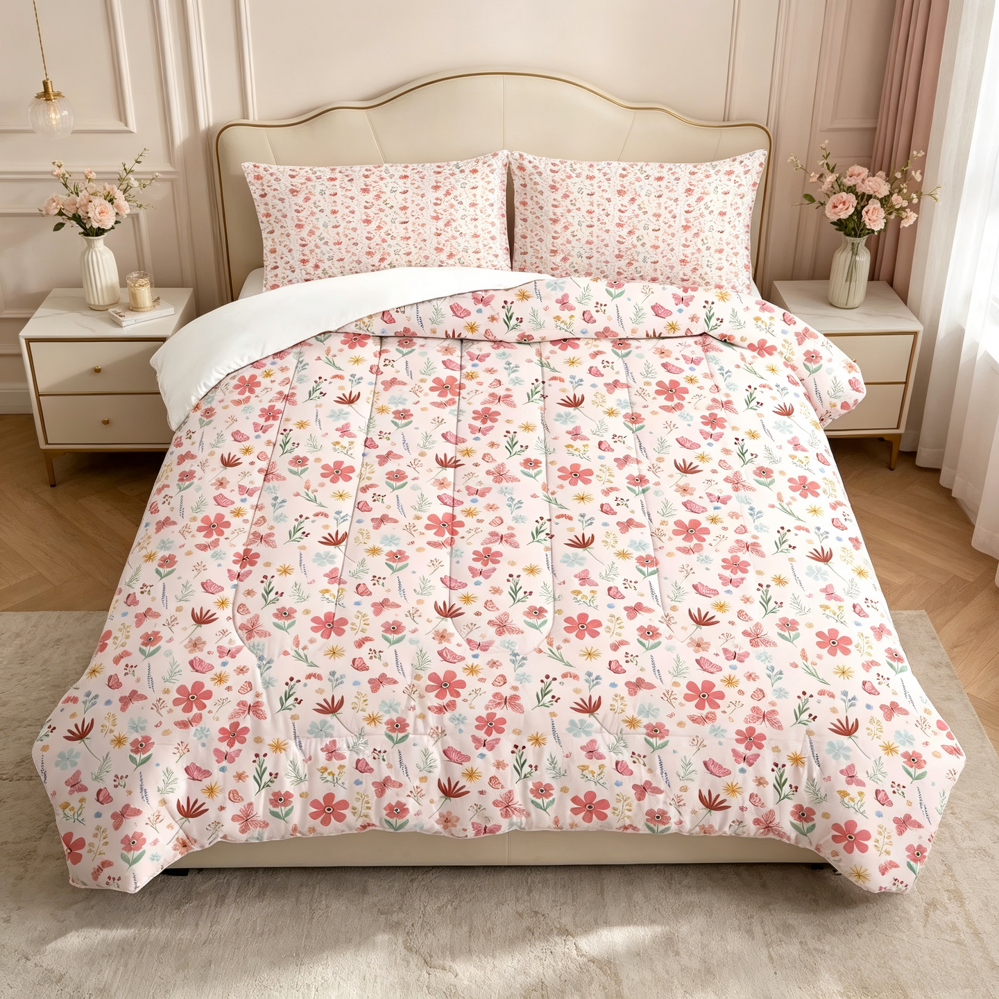 Liveonus 3 Pieces Cute Vintage Floral Soft Lightweight Comforter Set