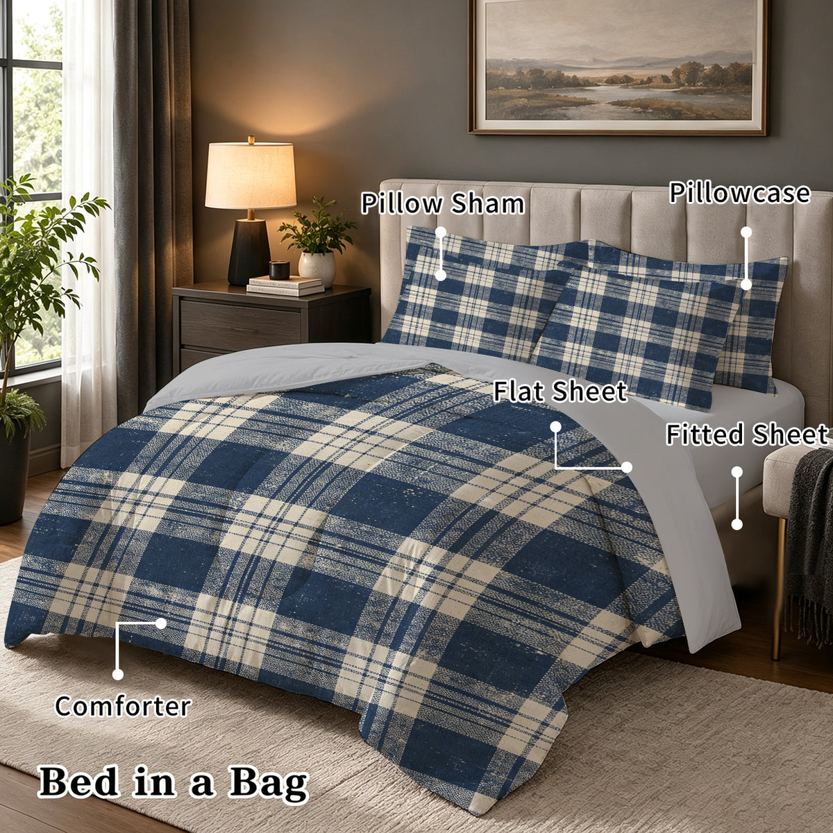 7-Piece Blue Plaid Comforter Set