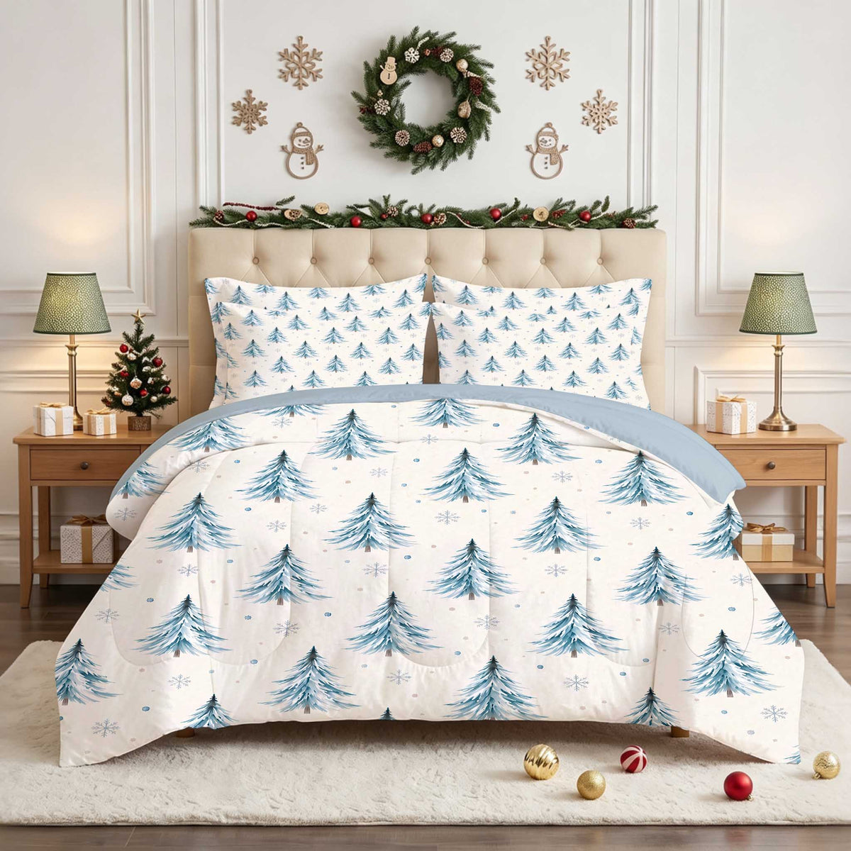 7-Piece Blue Christmas Tree Comforter Set