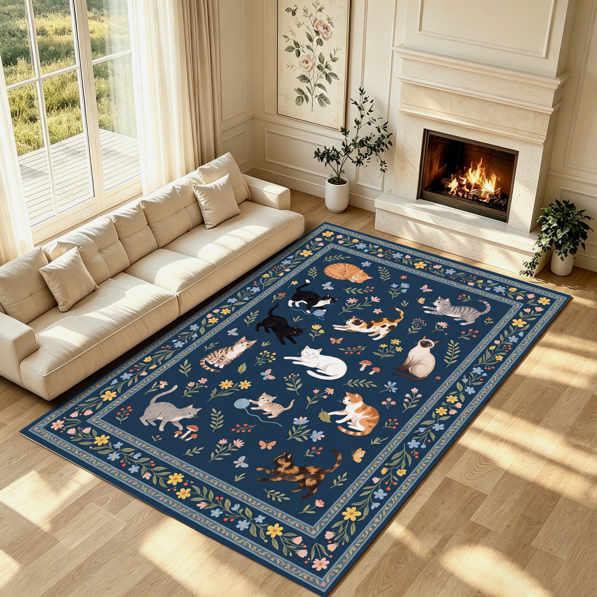 Liveonus Cute Cartoon Cat Floral Washable Area Rug