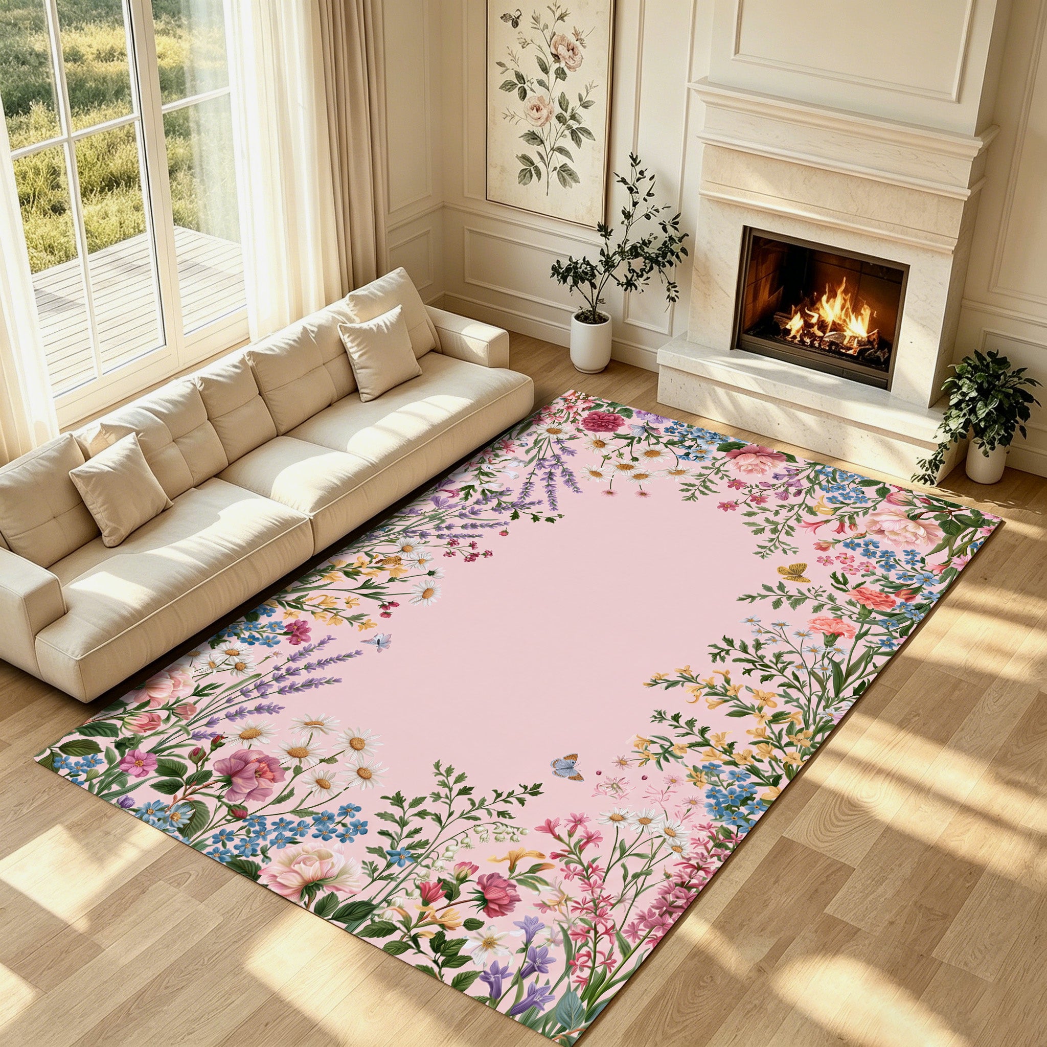 Liveonus Vintage Wildflower Floral Border Non‑Slip Area Rug