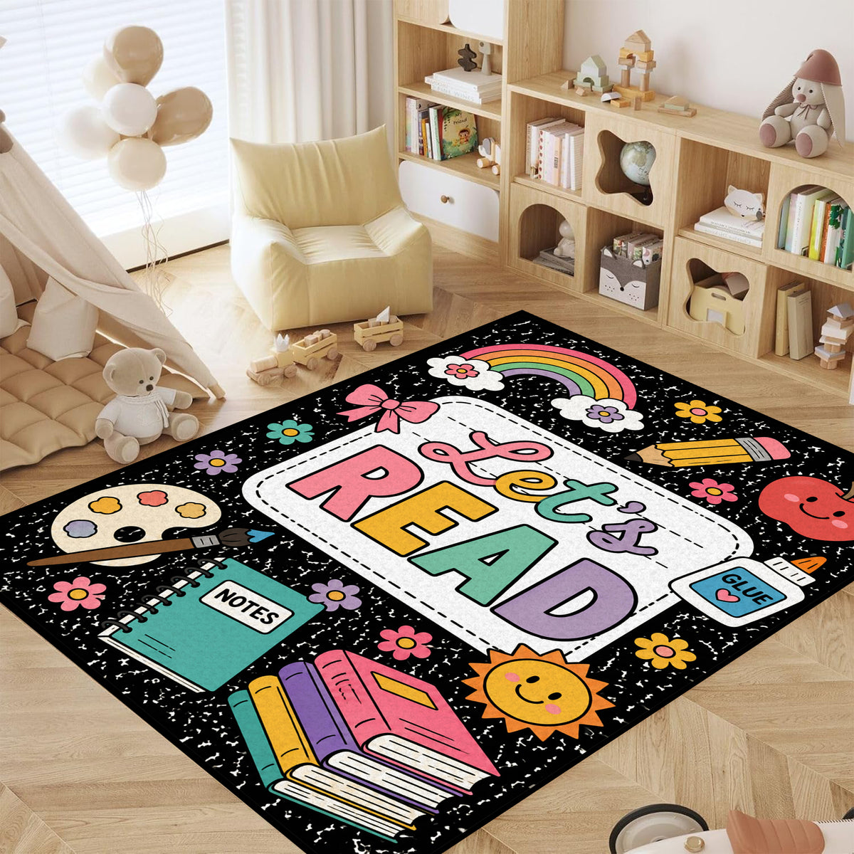 Let's Read Colorful Book Kids Non Slip Area Rug
