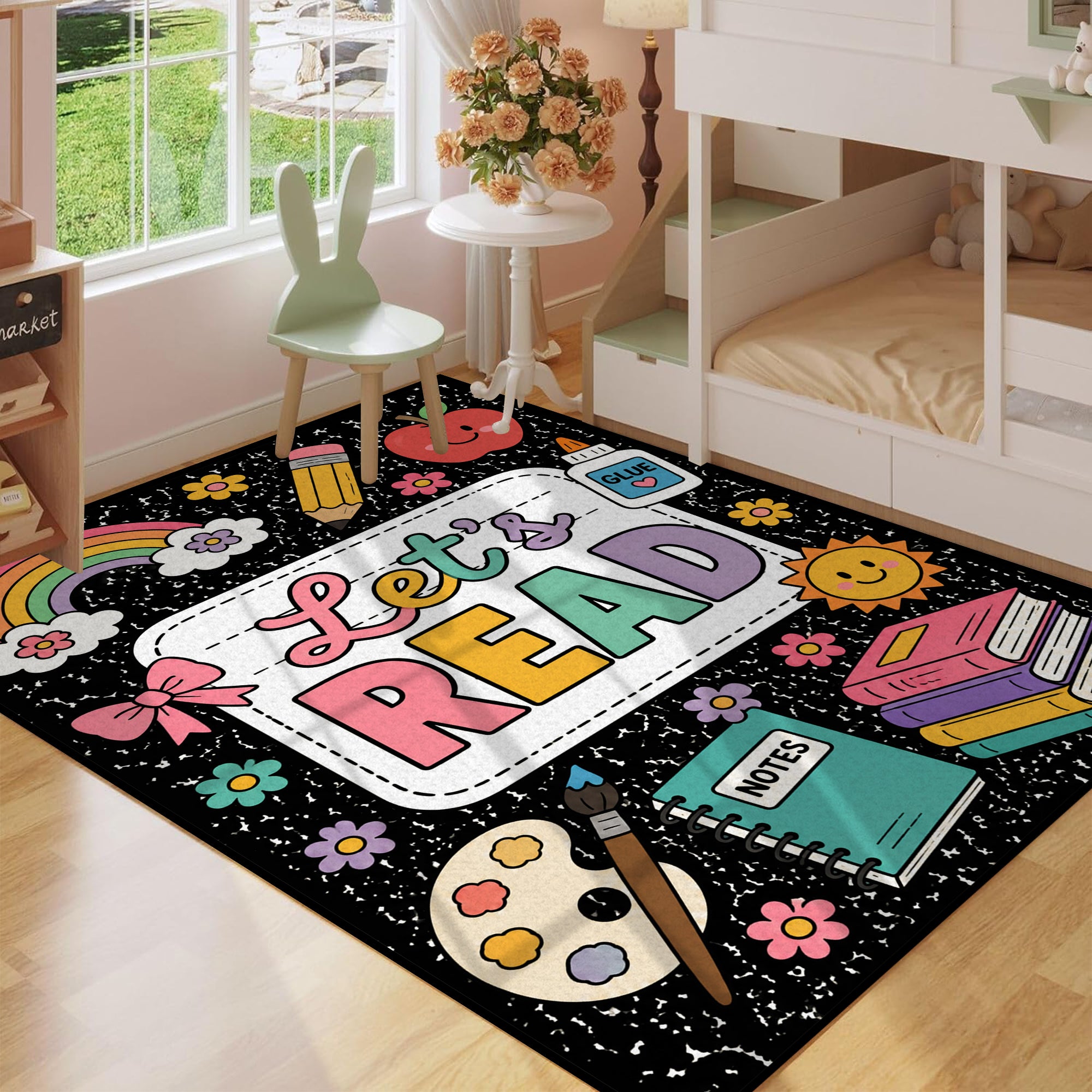 Let's Read Colorful Book Kids Non Slip Area Rug