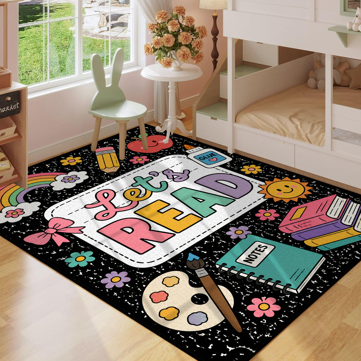 Let's Read Colorful Book Kids Non Slip Area Rug