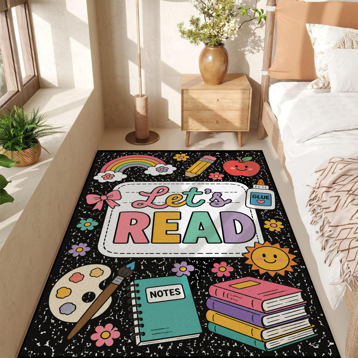 Let's Read Colorful Book Kids Non Slip Area Rug
