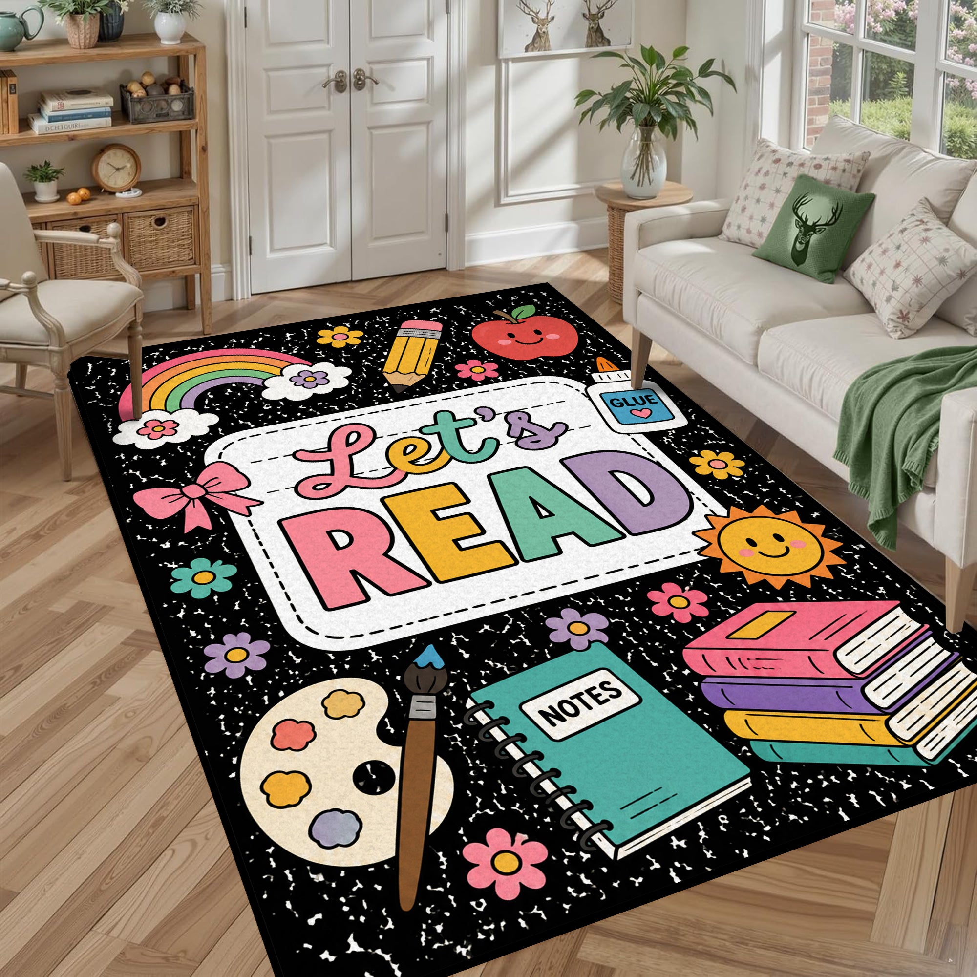 Let's Read Colorful Book Kids Non Slip Area Rug