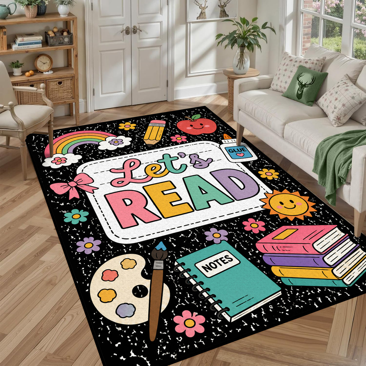 Let's Read Colorful Book Kids Non Slip Area Rug