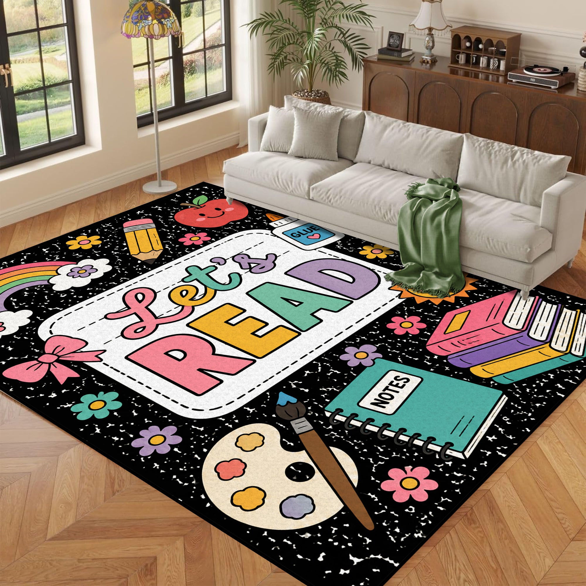 Let's Read Colorful Book Kids Non Slip Area Rug