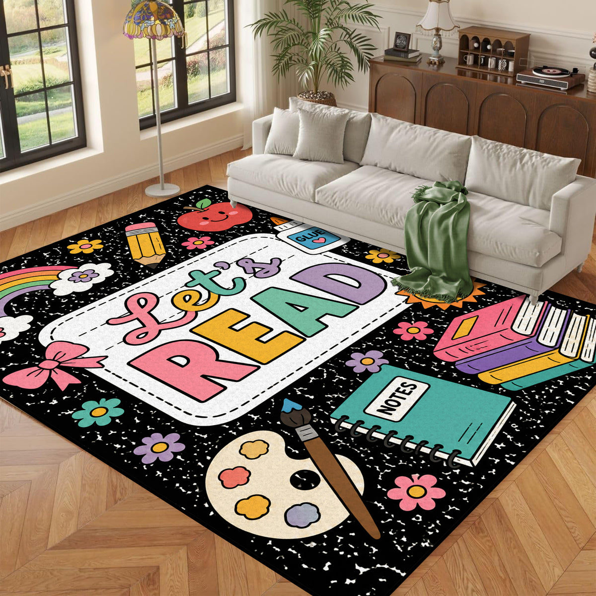 Let's Read Colorful Book Kids Non Slip Area Rug