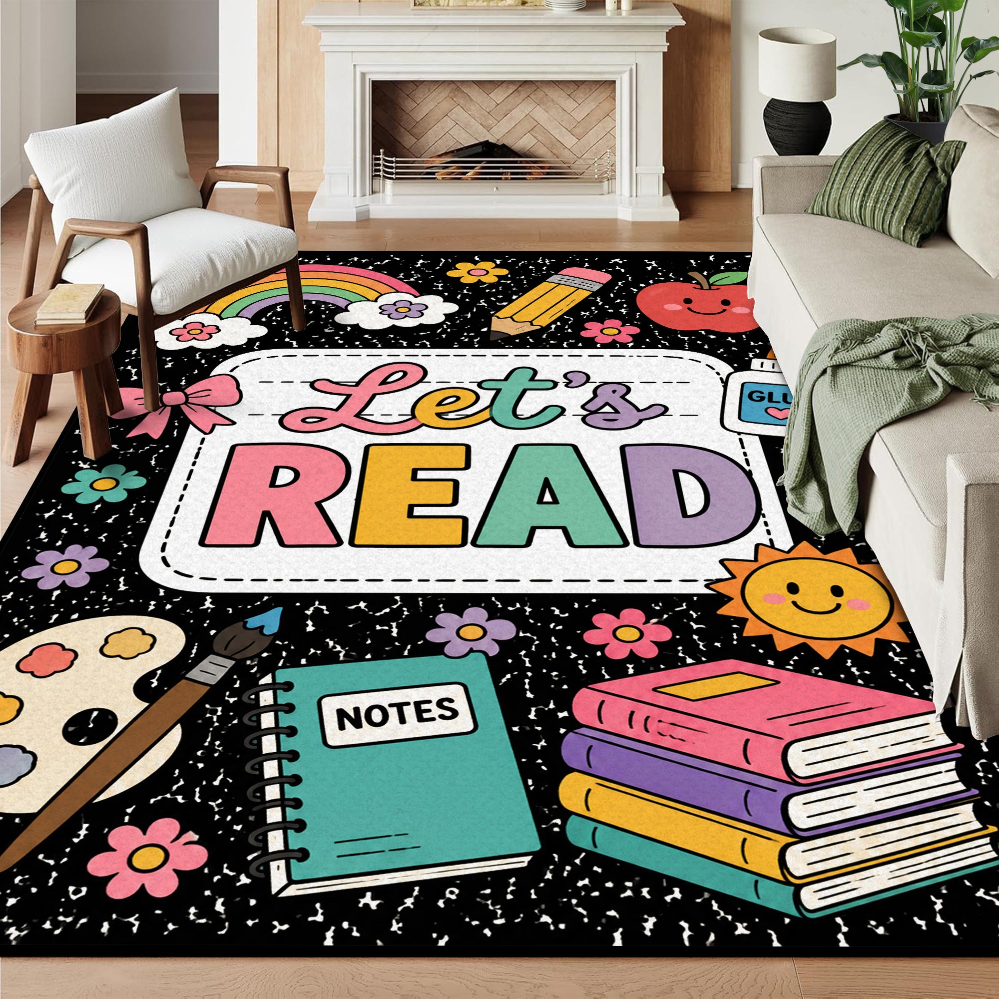 Let's Read Colorful Book Kids Non Slip Area Rug – Black background with rainbow sun and flower graphics