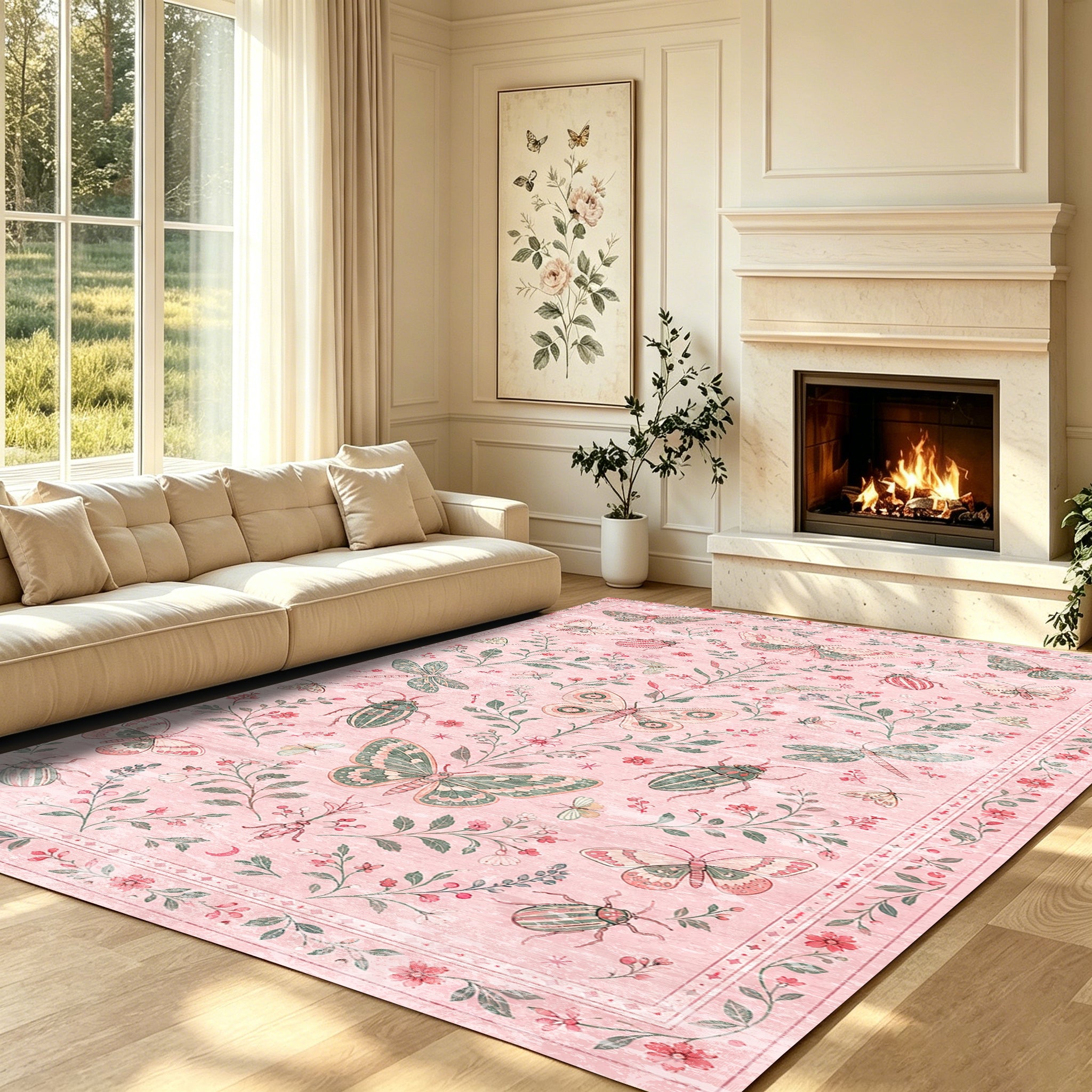 Liveonus Vintage Butterfly Insect Botanical Washable Area Rug
