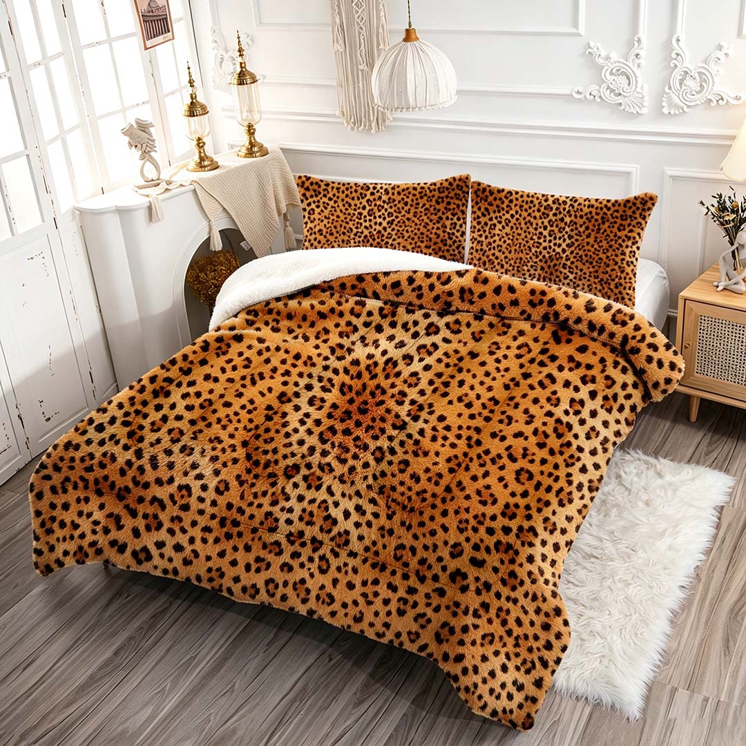 3 Pieces Soft Leopard Print Plush Comforter Set for Fall & Winter