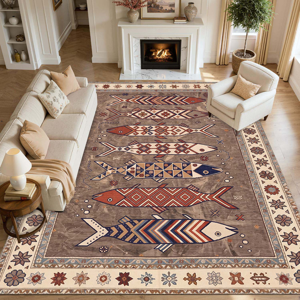 Vintage Boho Fish Non Slip Washable Area Rug