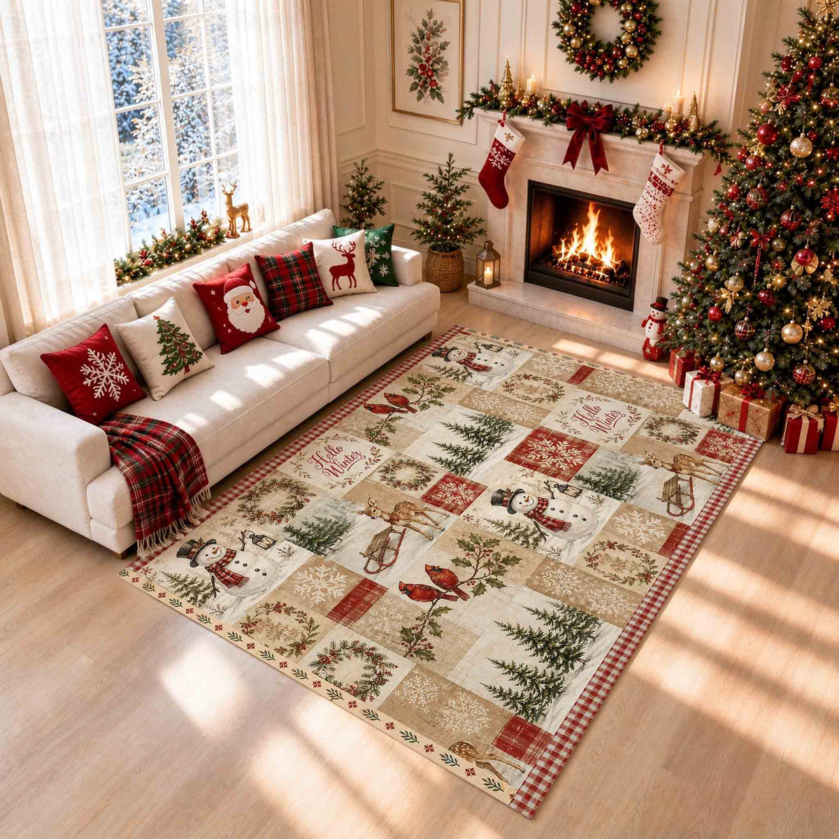 Hello Winter Patchwork Christmas Non‑Slip Washable Area Rug