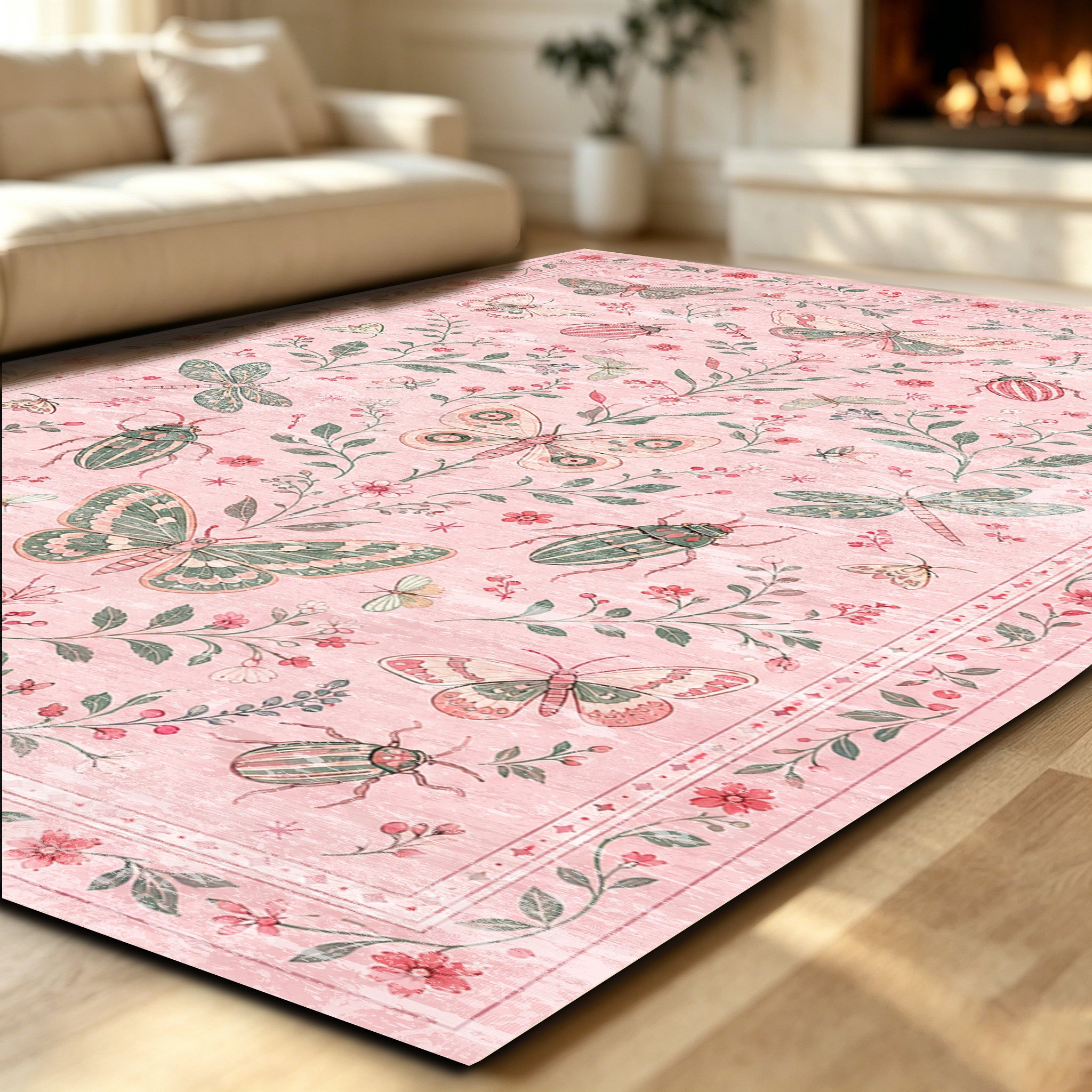Liveonus Vintage Butterfly Insect Botanical Washable Area Rug