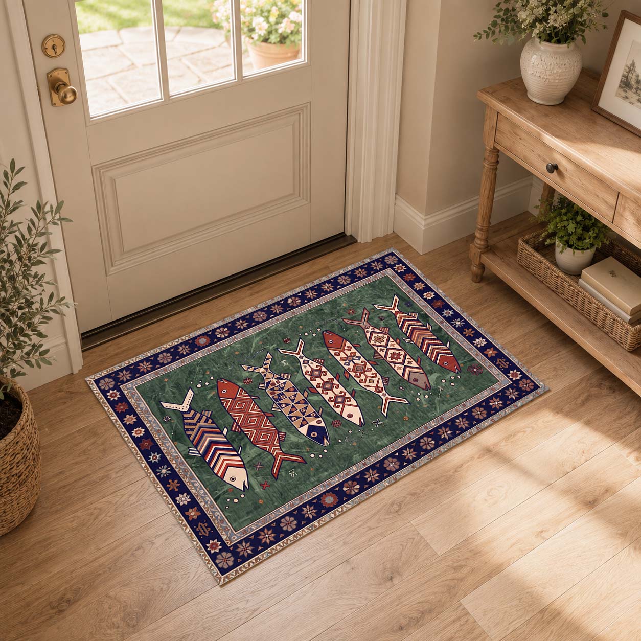 Vintage Boho Fish Non Slip Washable Area Rug