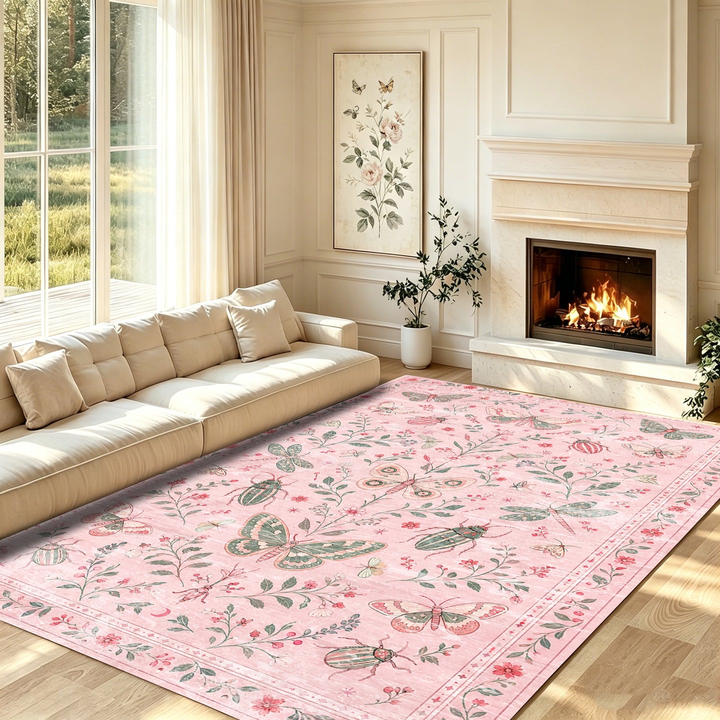 Liveonus Vintage Butterfly Insect Botanical Washable Area Rug