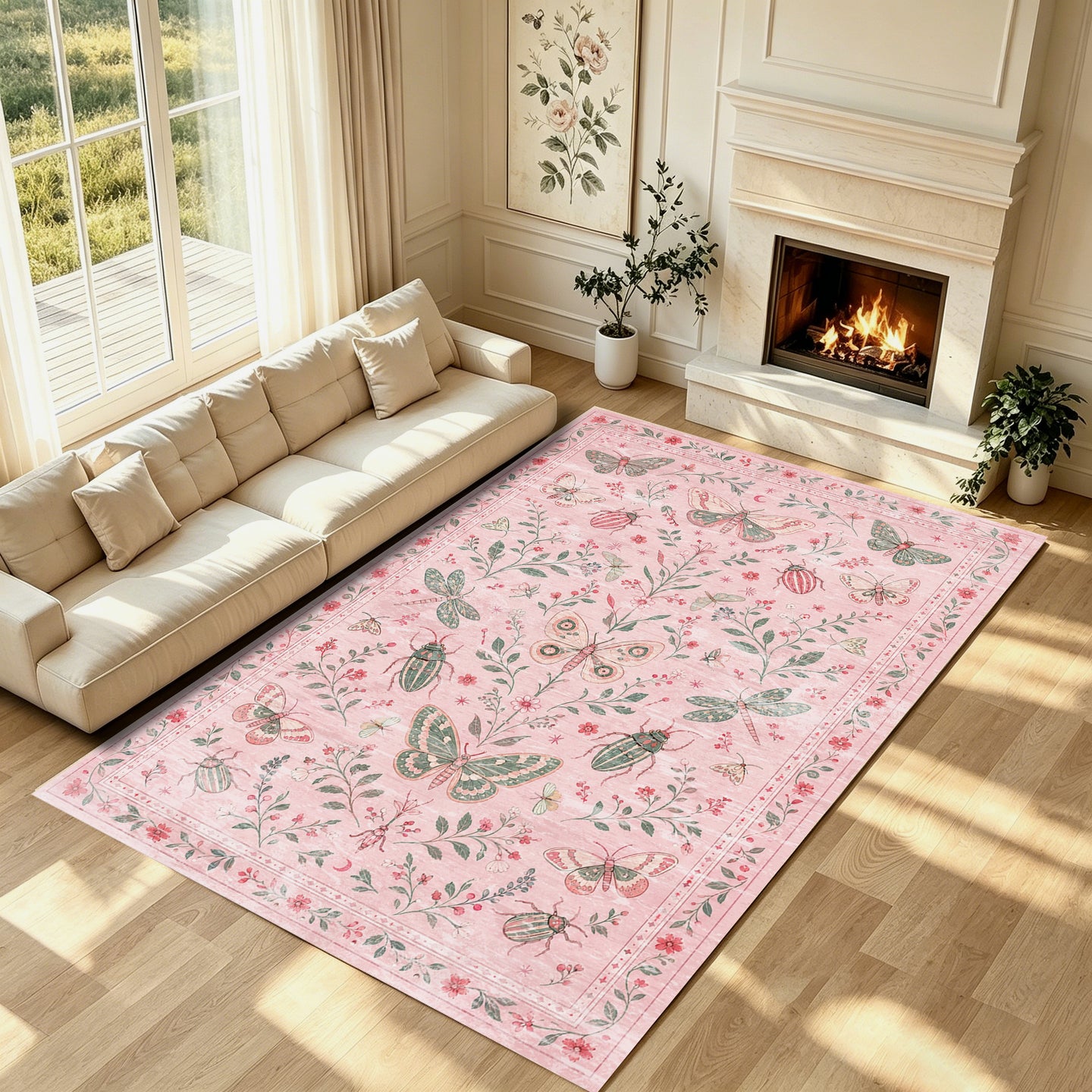Liveonus Vintage Butterfly Insect Botanical Washable Area Rug
