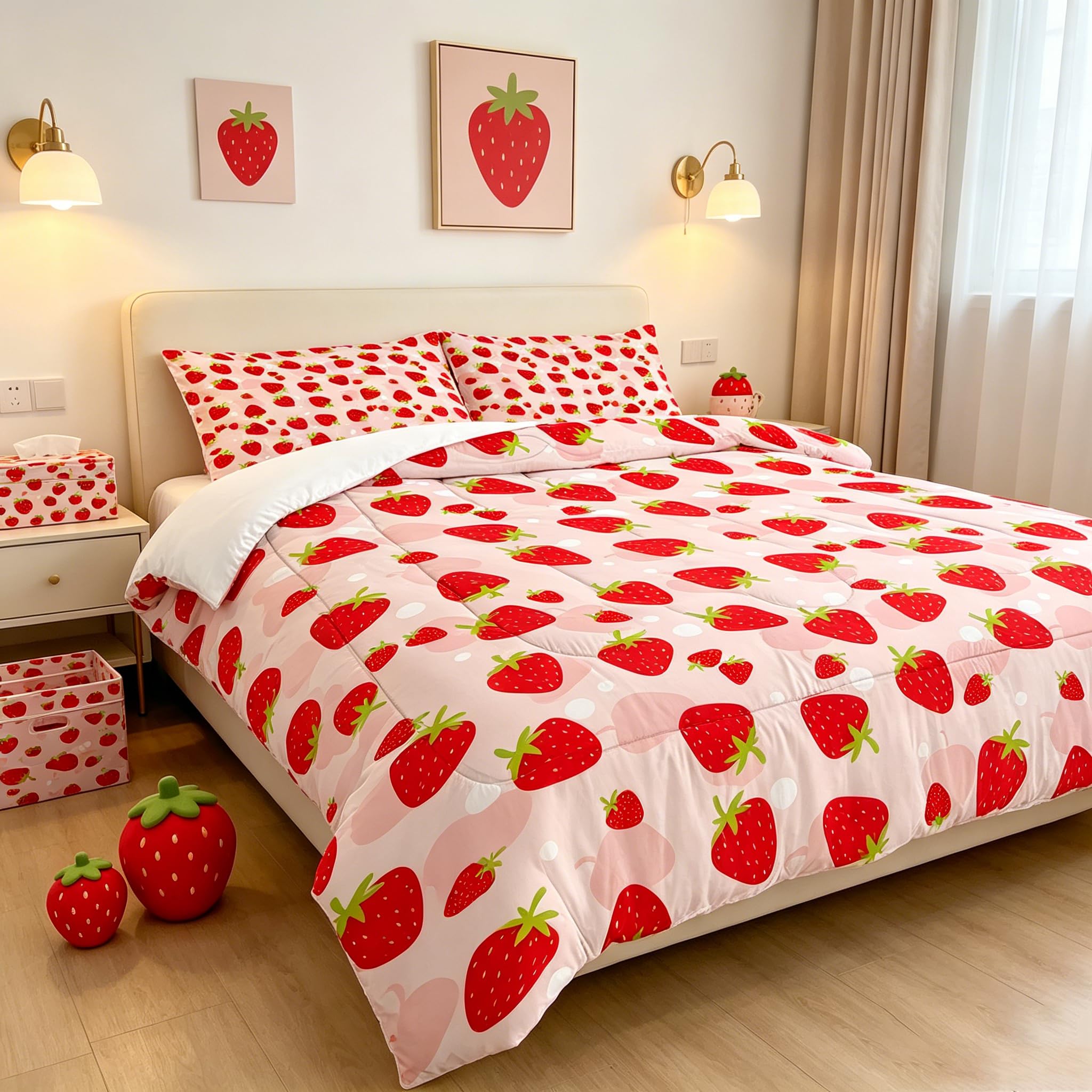 Liveonus Cute Pink Strawberry Print 3 Pieces Soft Lightweight Comforter Bedding Set