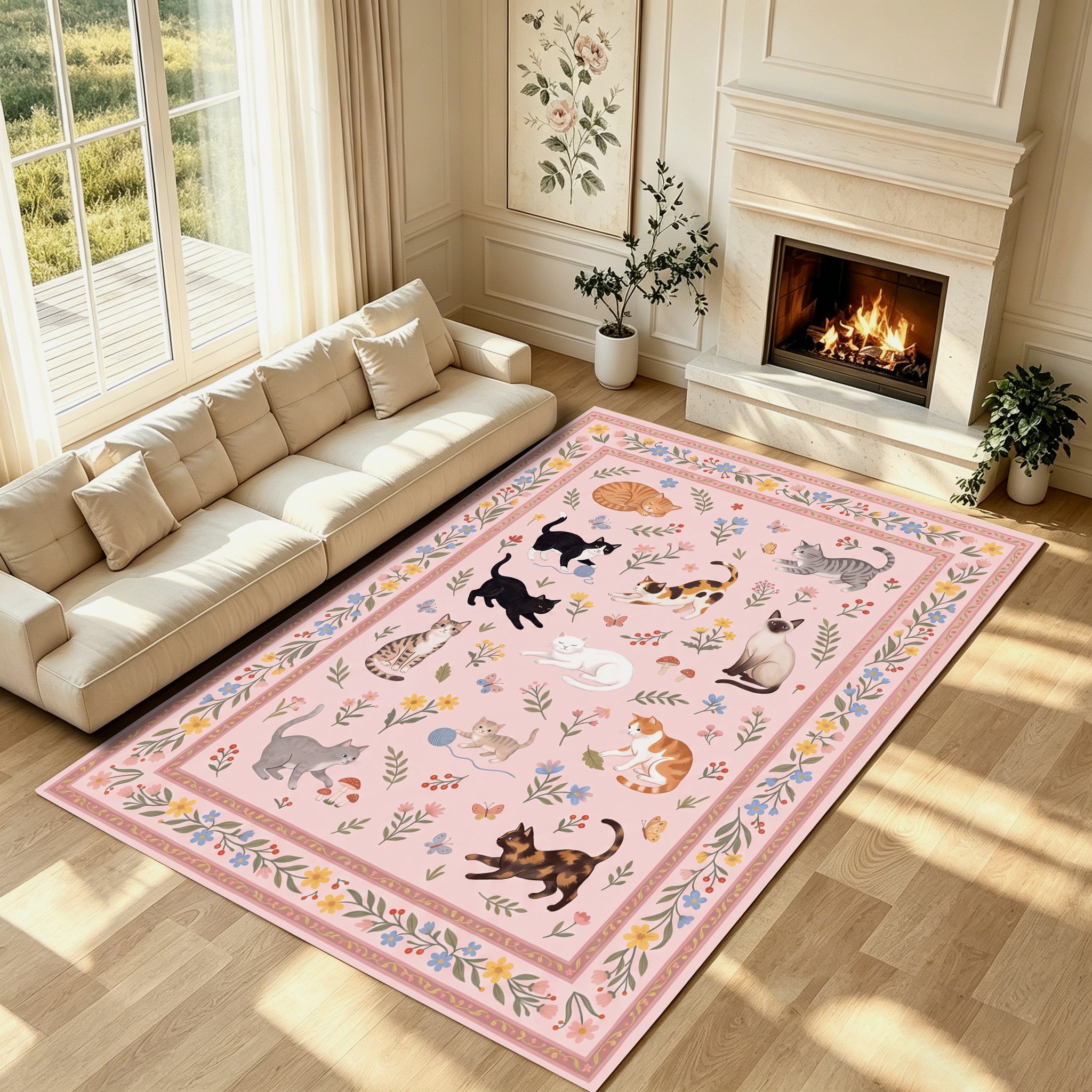 Liveonus Cute Cartoon Cat Floral Washable Area Rug