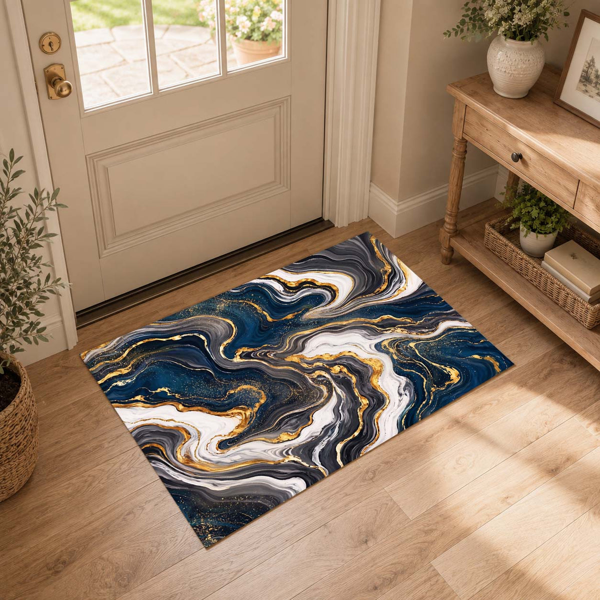 Marble Swirl Fluid Abstract Gold Vein Non‑Slip Area Rug