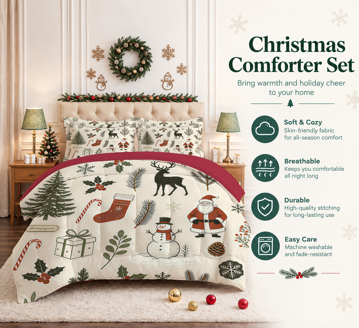 7 Pieces Cute Christmas Soft Lightweight Comforter Set