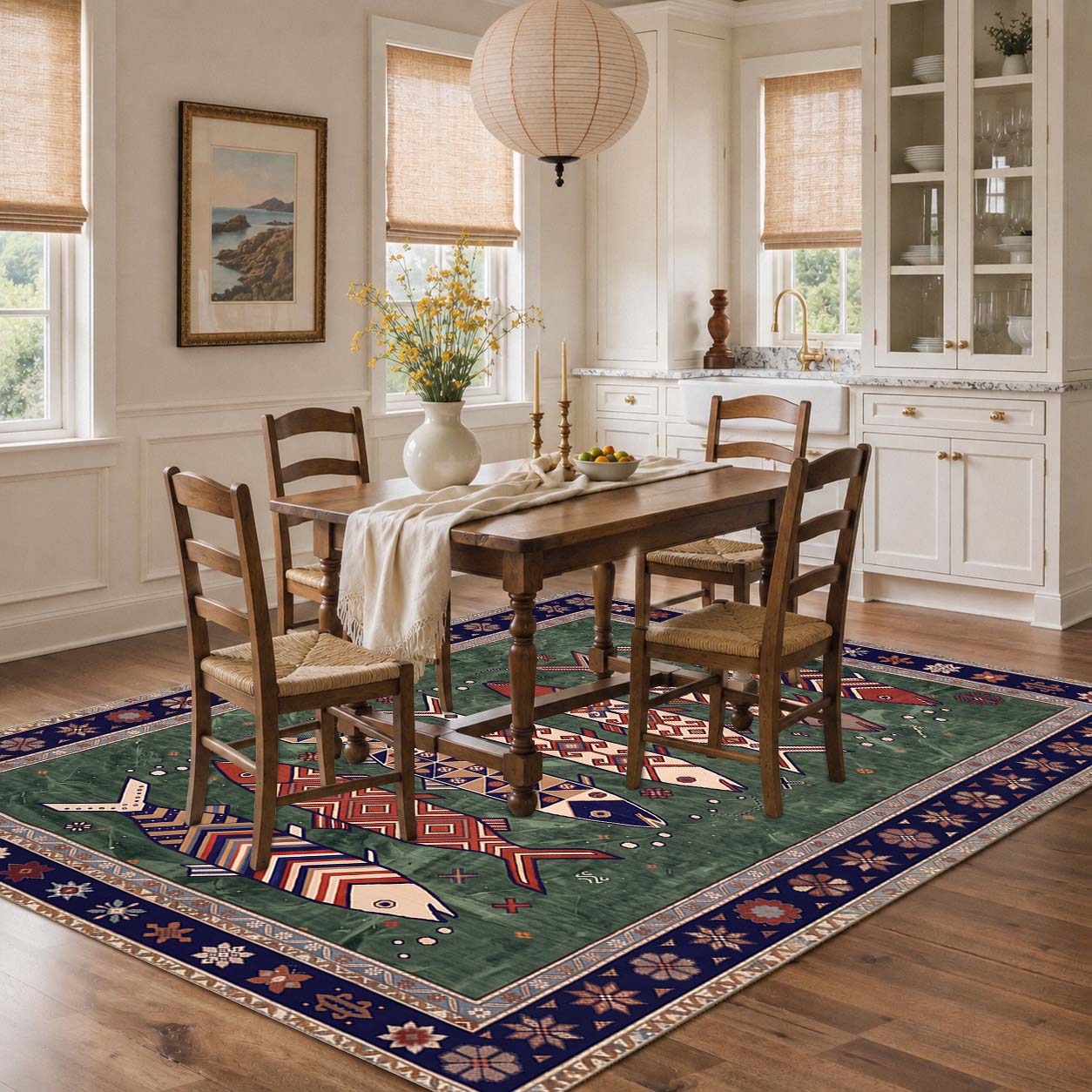 Vintage Boho Fish Non Slip Washable Area Rug