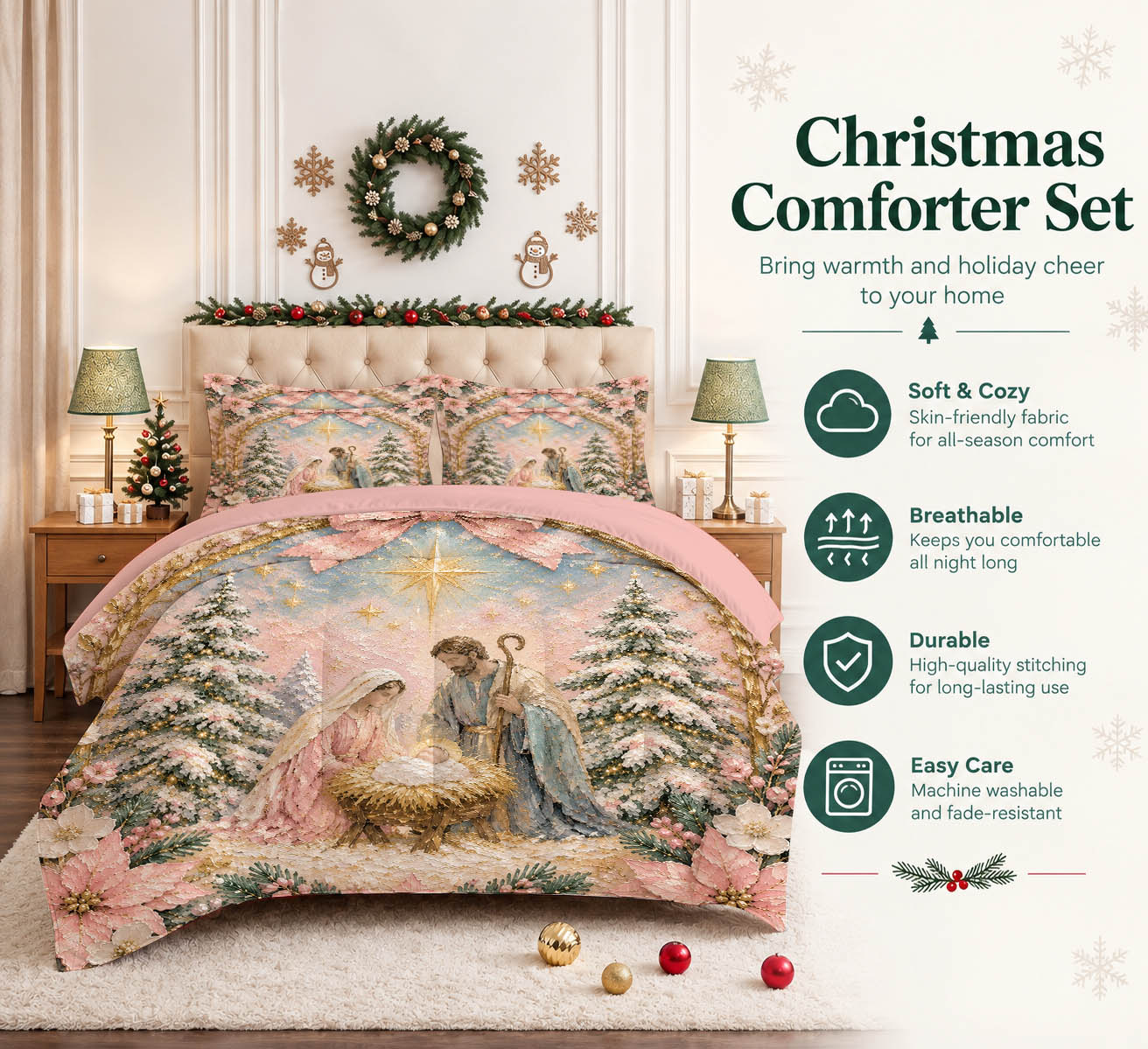 7 Pieces Pink Christmas Nativity Scene Bed in a Bag Bedding Set