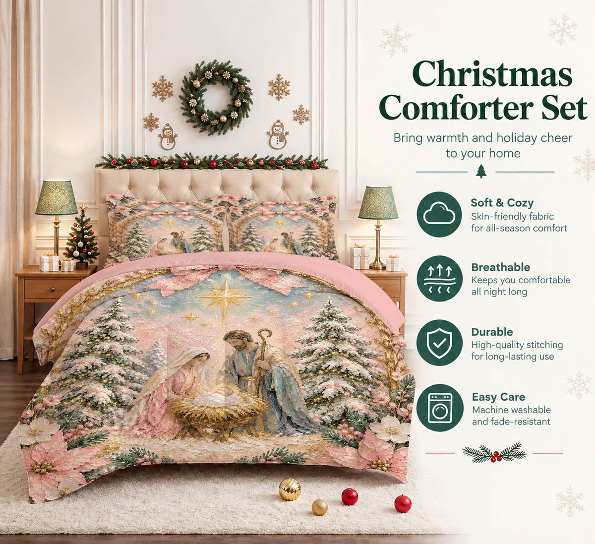 7 Pieces Pink Christmas Nativity Scene Bed in a Bag Bedding Set