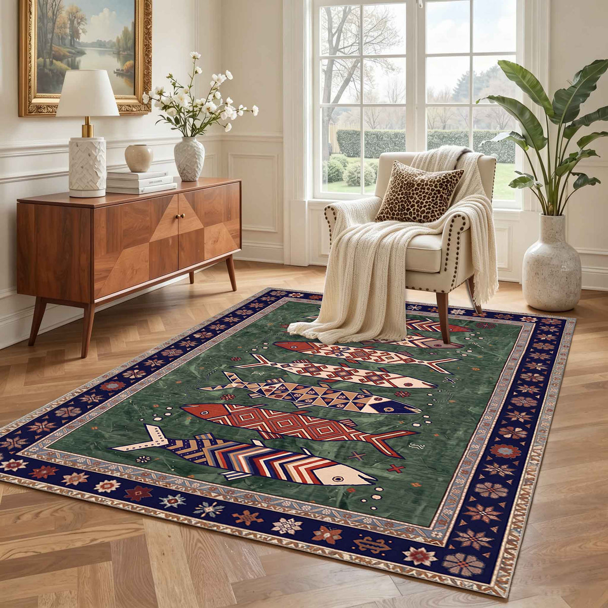Vintage Boho Fish Non Slip Washable Area Rug
