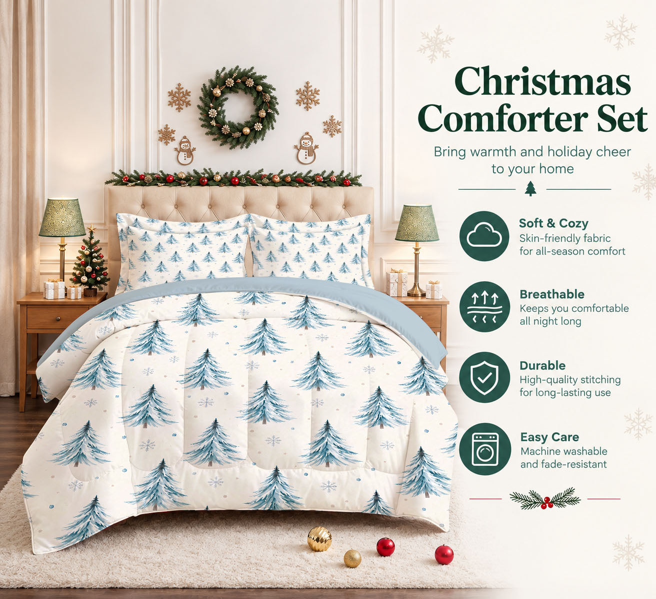 7-Piece Blue Christmas Tree Comforter Set