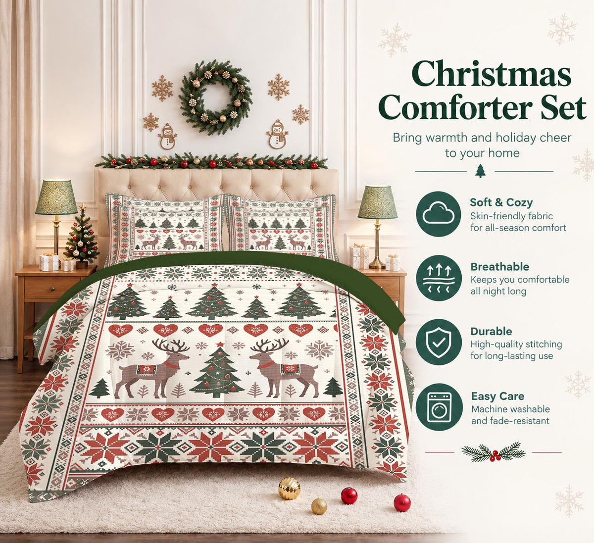 7-Piece Vintage Christmas Reindeer Comforter Set