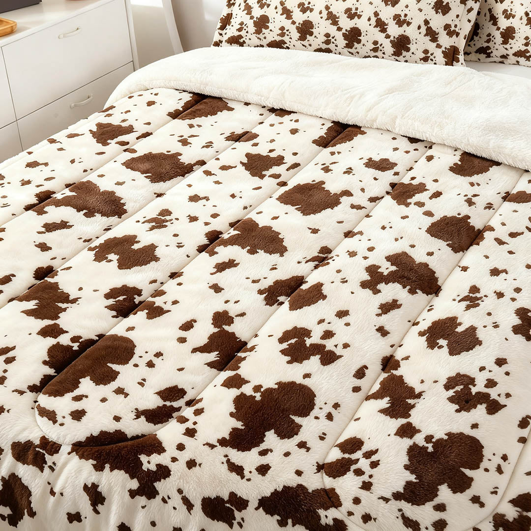 3 Piece Soft Cow Print Plush Comforter Set for Fall & Winter