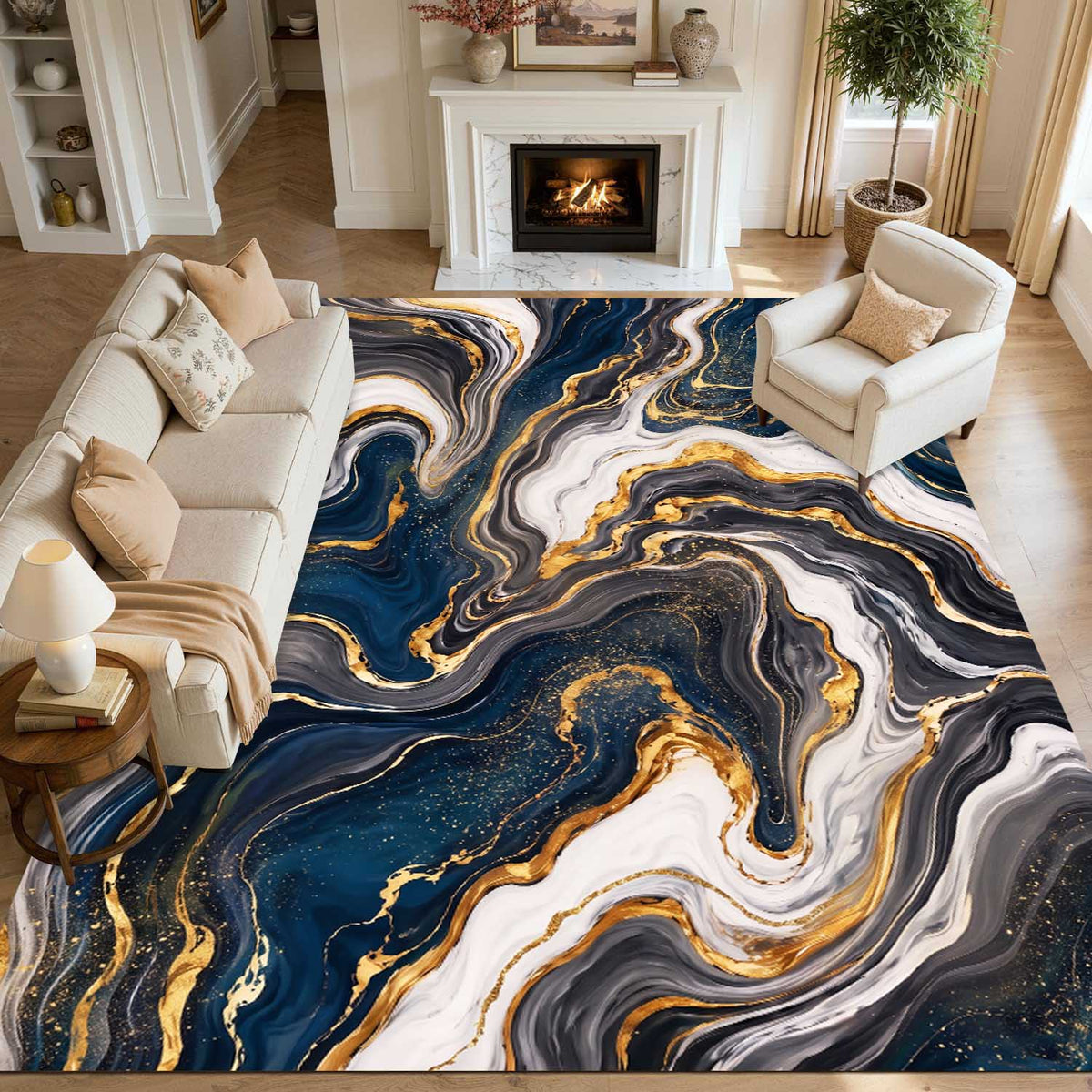 Marble Swirl Fluid Abstract Gold Vein Non‑Slip Area Rug