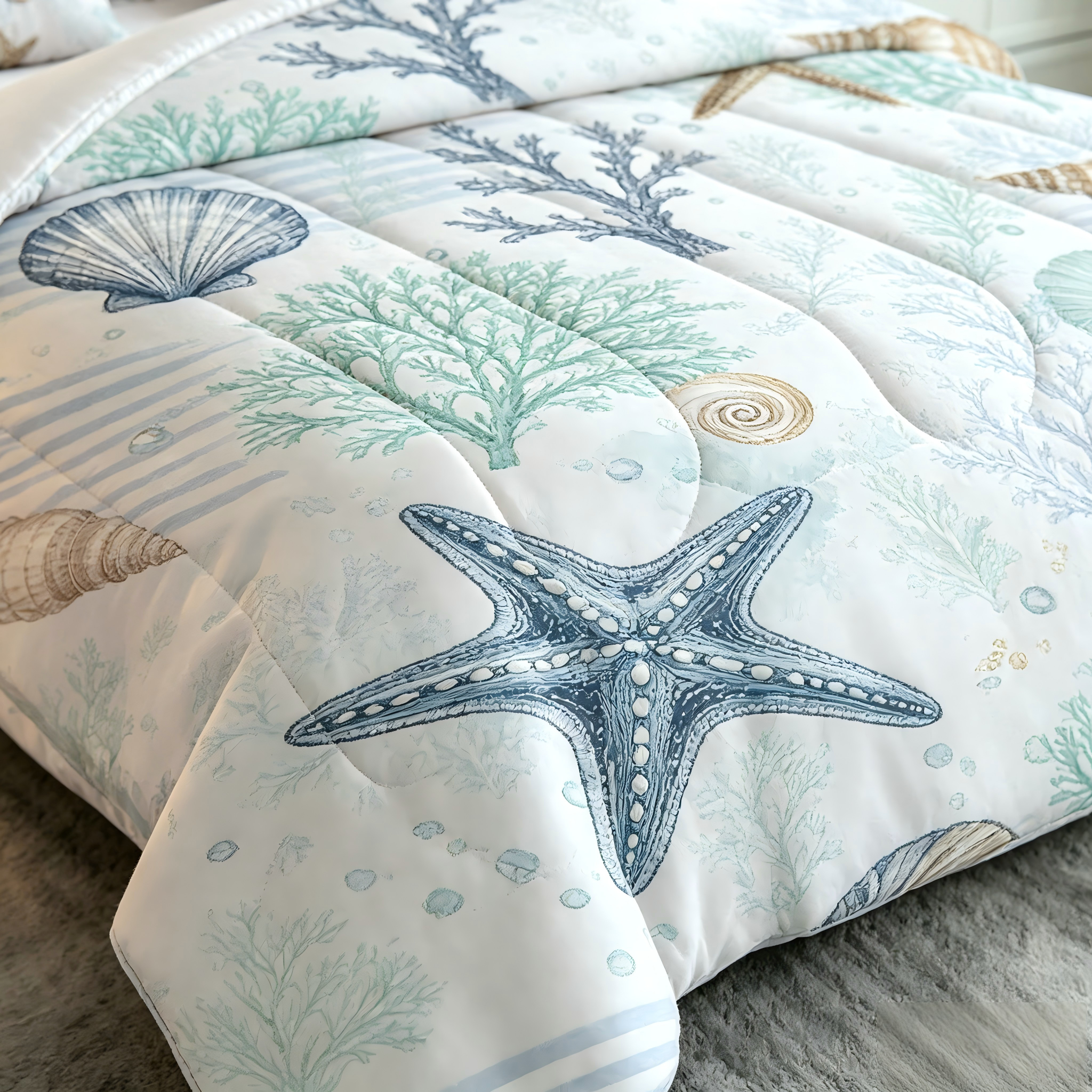 Liveonus 7 Pieces Coastal Ocean Seashell Starfish Comforter Set for All Season
